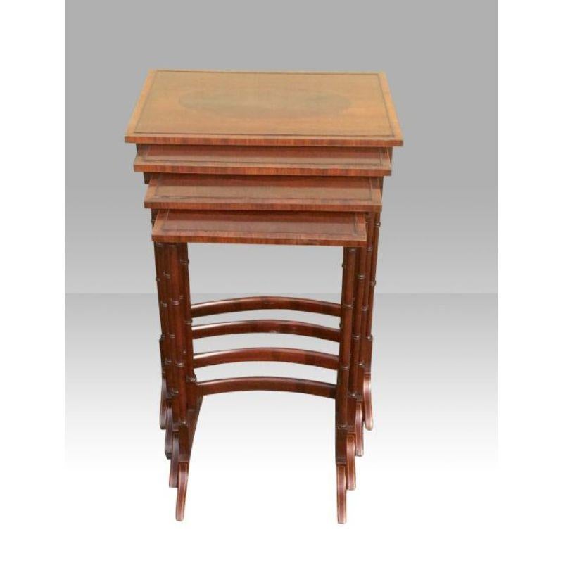 Lovely antique nest of four inlaid Mahogany tables. 

Very strong of joint and sliding smoothly. 
c1890 
Measures: 19.5ins x 13.5ins x 28ins 
 
Declaration: This item is antique. The date of manufacture has been declared as 1890.