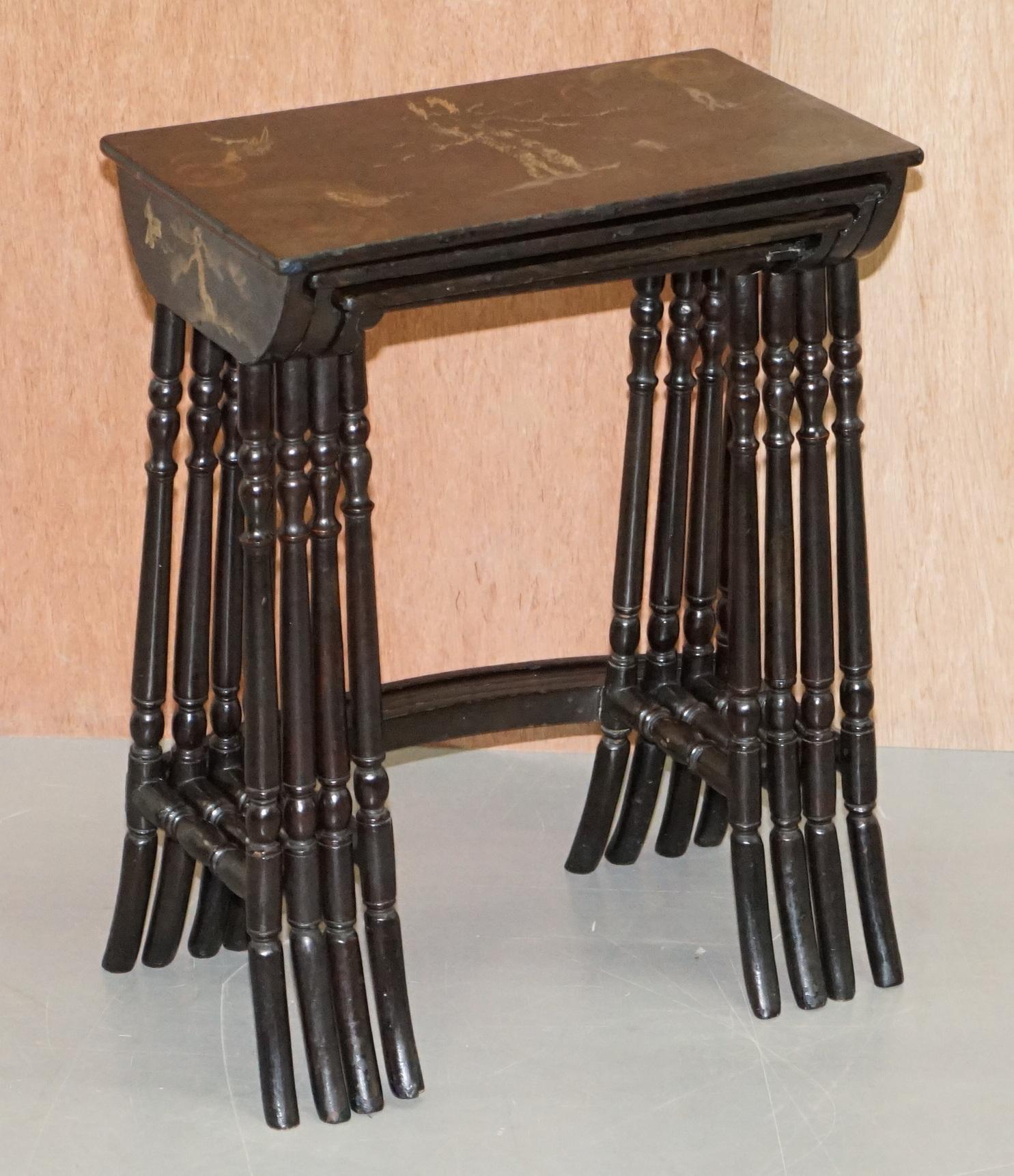 We are delighted to offer for sale this lovely nest of four original Chinese Chinoiserie black lacquered tables

A good looking, decorative, and well made set, they are totally original and unrestored, the black lacquered finish has faded, its