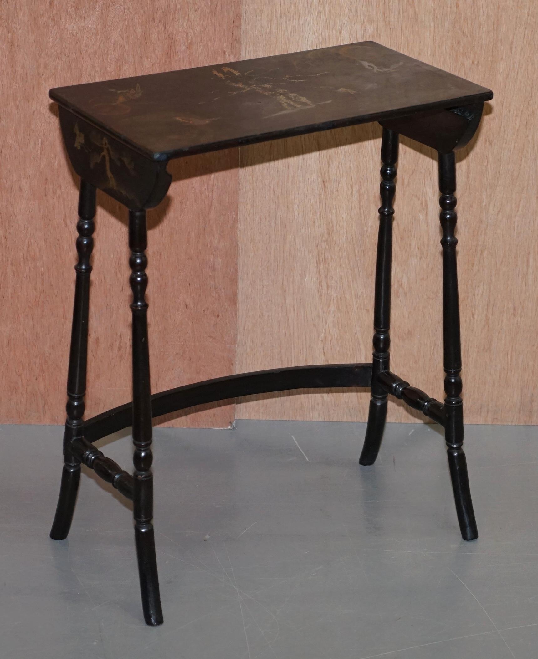 Hand-Crafted Nest of Four circa 1900 Chinese Chinoiserie Lacqurered Tables Hand Painted For Sale
