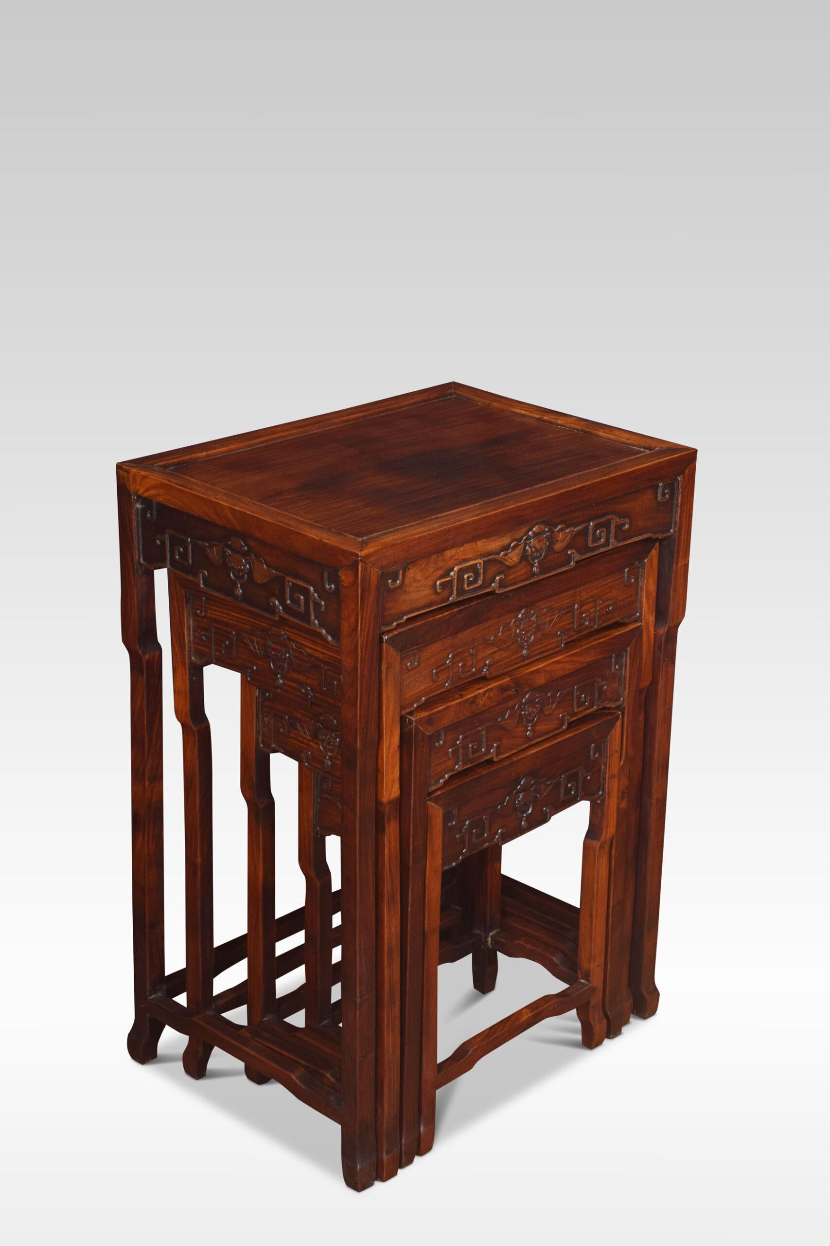 Nest of four rosewood tables each with a recessed panel to the rectangular top and a carved frieze on four slender supports with conforming stretchers
Dimensions
Height 29 Inches
Width 20.5 Inches
Depth 15 Inches