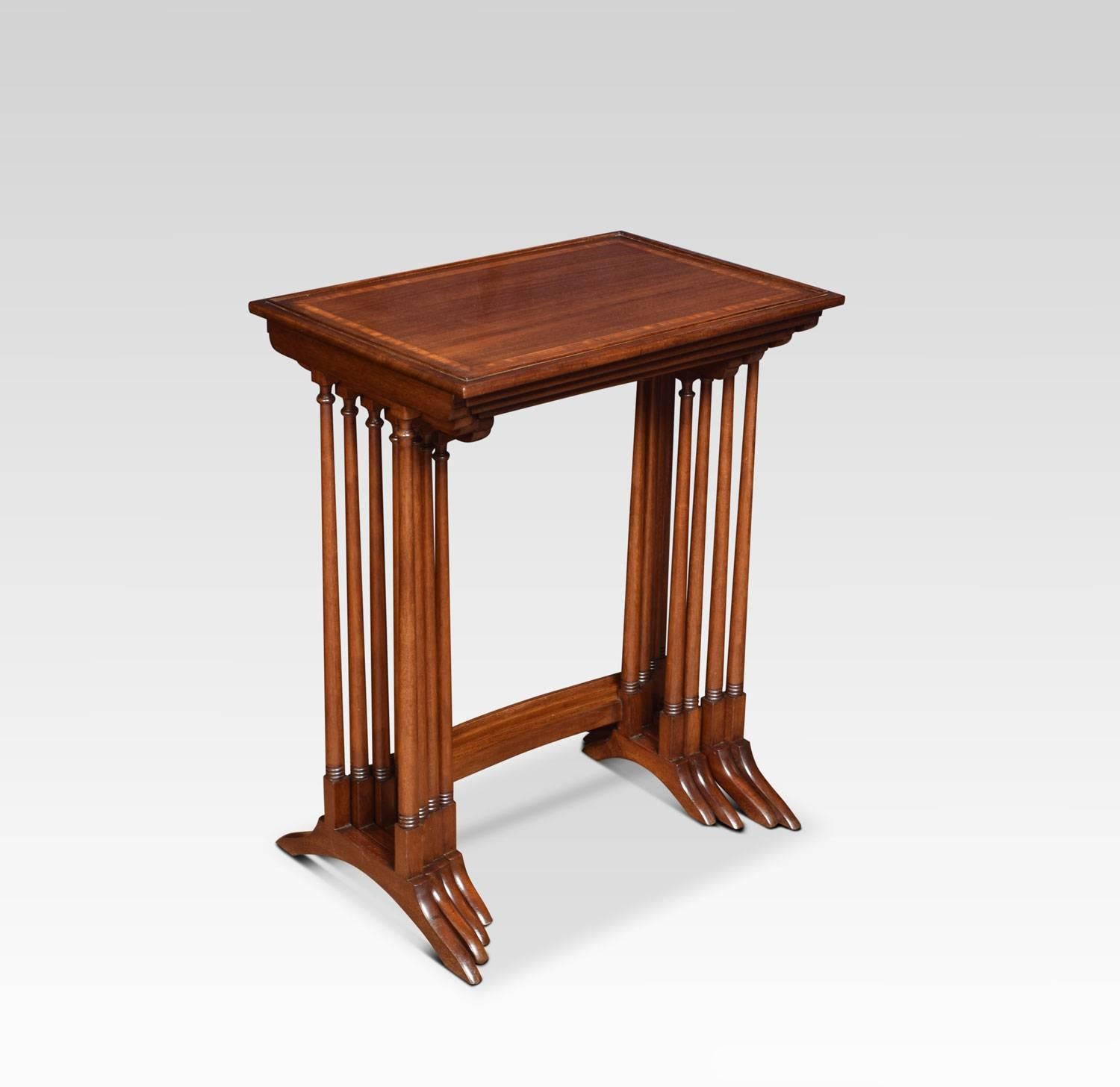 Quartet nest of mahogany tables, the rectangular moulded tops with satinwood inlaid boarder, raised on slender turned tapered supports terminating in splayed feet.
Dimensions
Height 27.5 inches
Width 22 inches
Depth 15 inches.