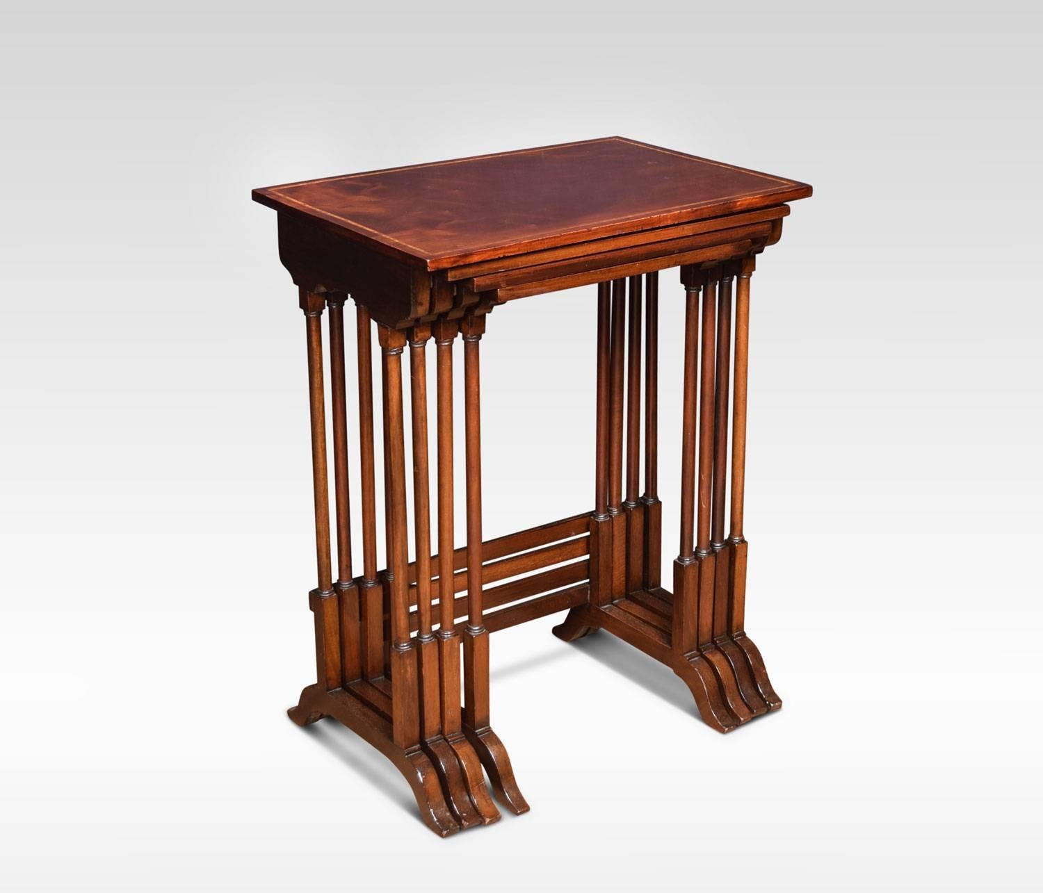 Nest of four mahogany tables, the rectangular moulded tops with satinwood inlaid boarder, raised on slender turned tapered supports terminating in splayed feet.
Dimensions:
Height 28 inches
Width 22 inches
Depth 15 inches.