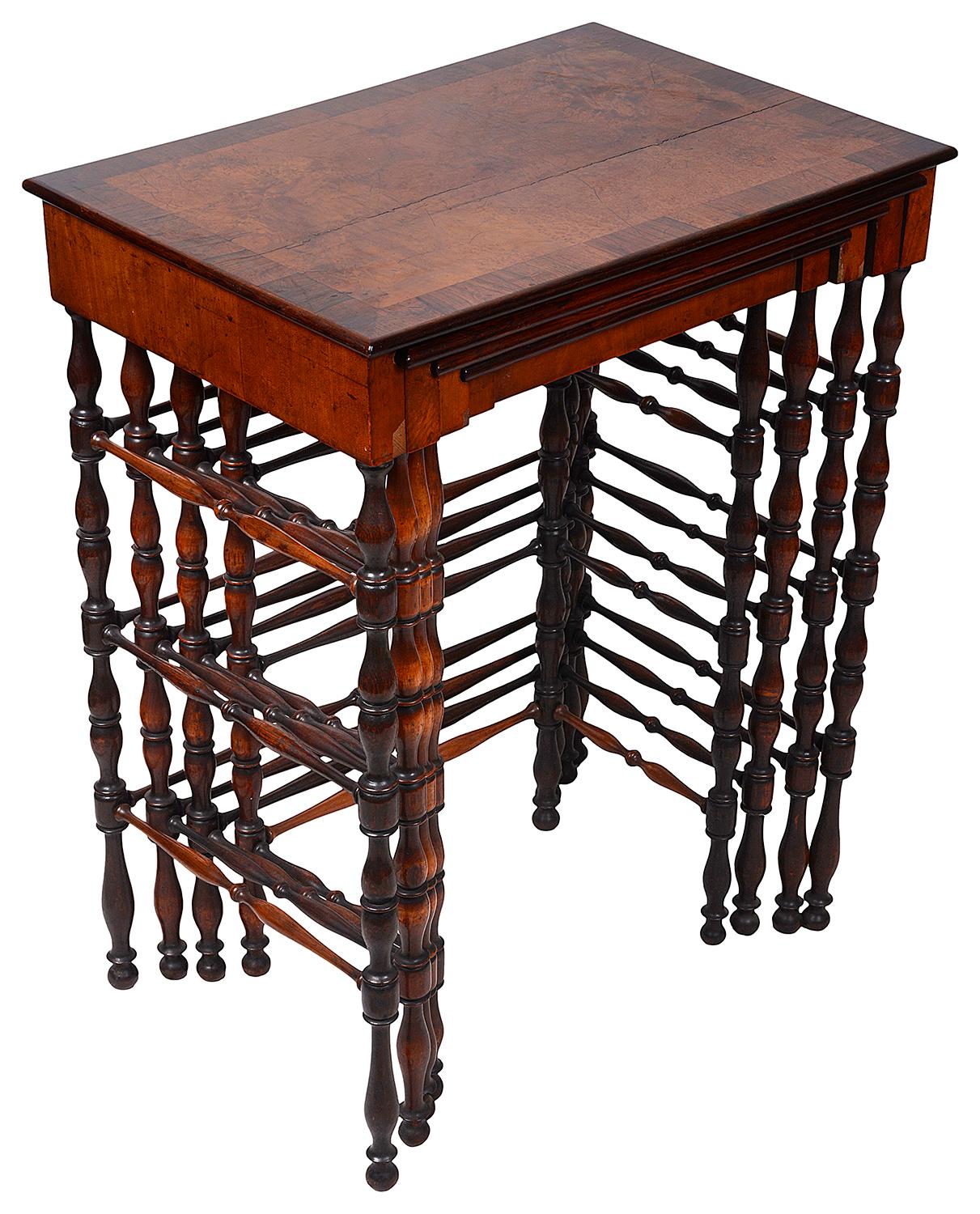 A fine quality nest of four tables in various specimen woods veneered on Mahogany, One table being a games table, raised on ring turned supports and stretchers between.
In the manner of Gillows.