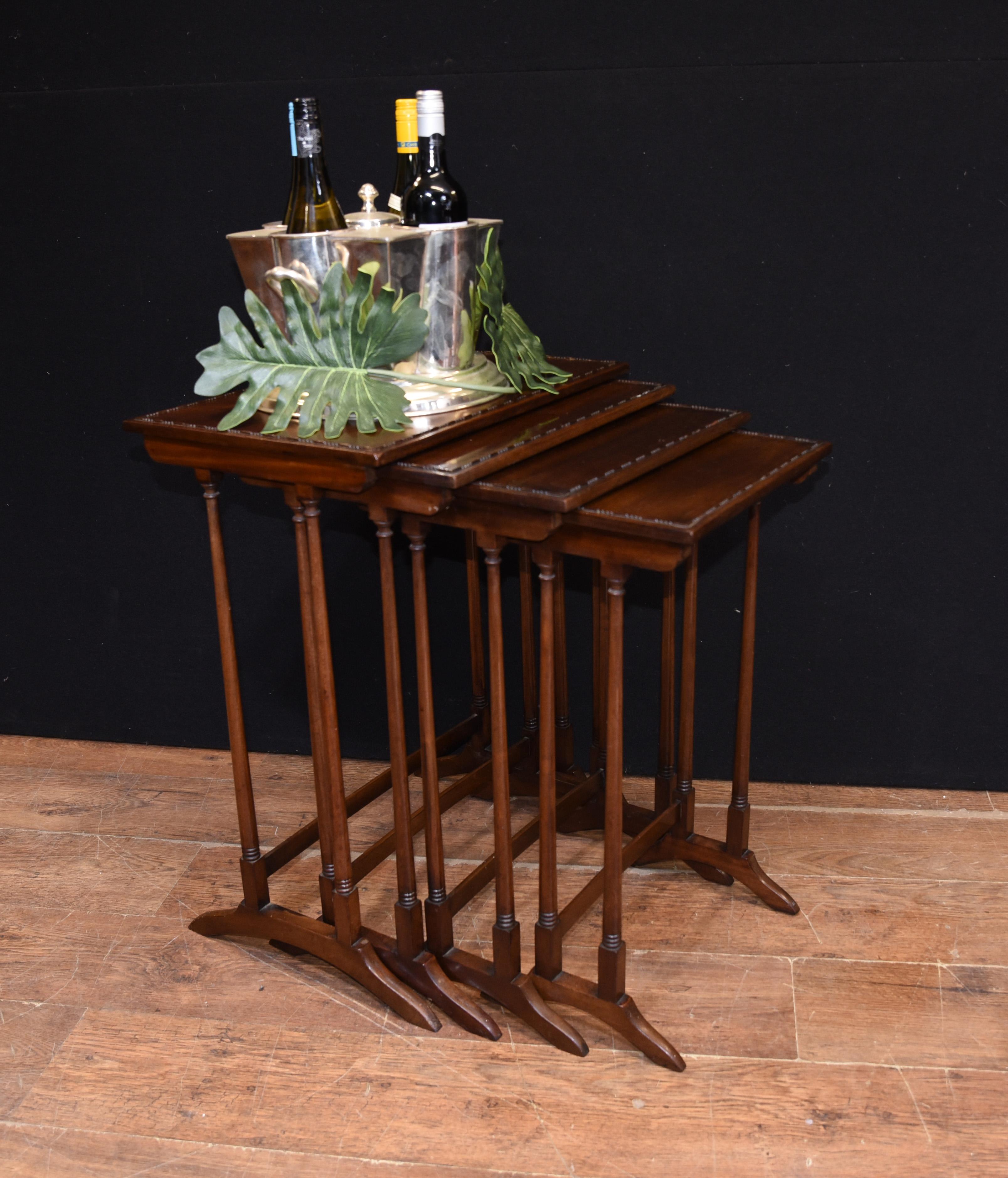 - Gorgeous Regency nest of tables in mahogany
- Set of four with carved borders
- Very practical piece of English furniture, great for dinner and drinks parties
- Viewings available by appointment
- Offered in great shape ready for home use
