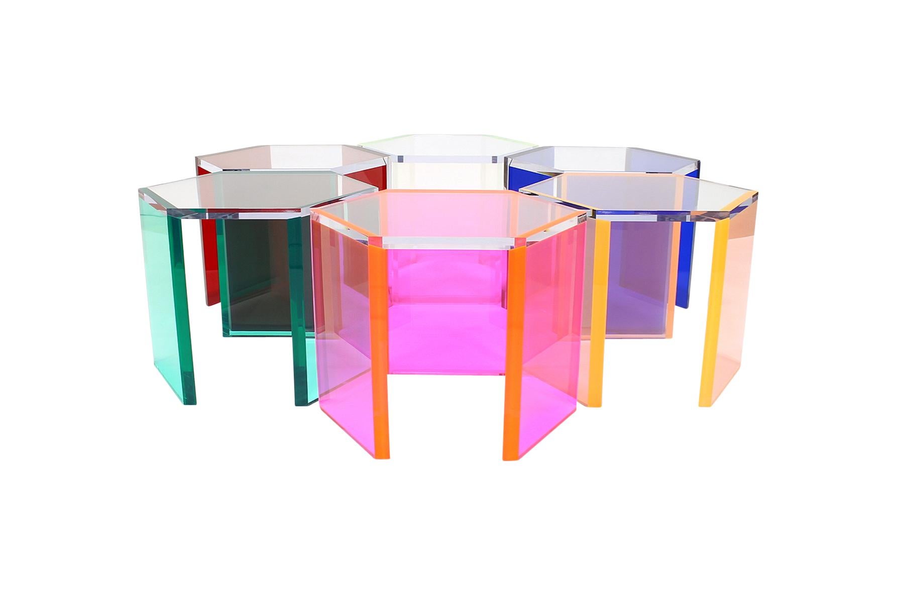 Set of six acrylic tables by Yugoslavian born California based artist Vasa Velizar Mihich. Rare to see furniture by the noted acrylic artist, these are essentially functional pieces of sculpture. Vasa's work is held in numerous private and public