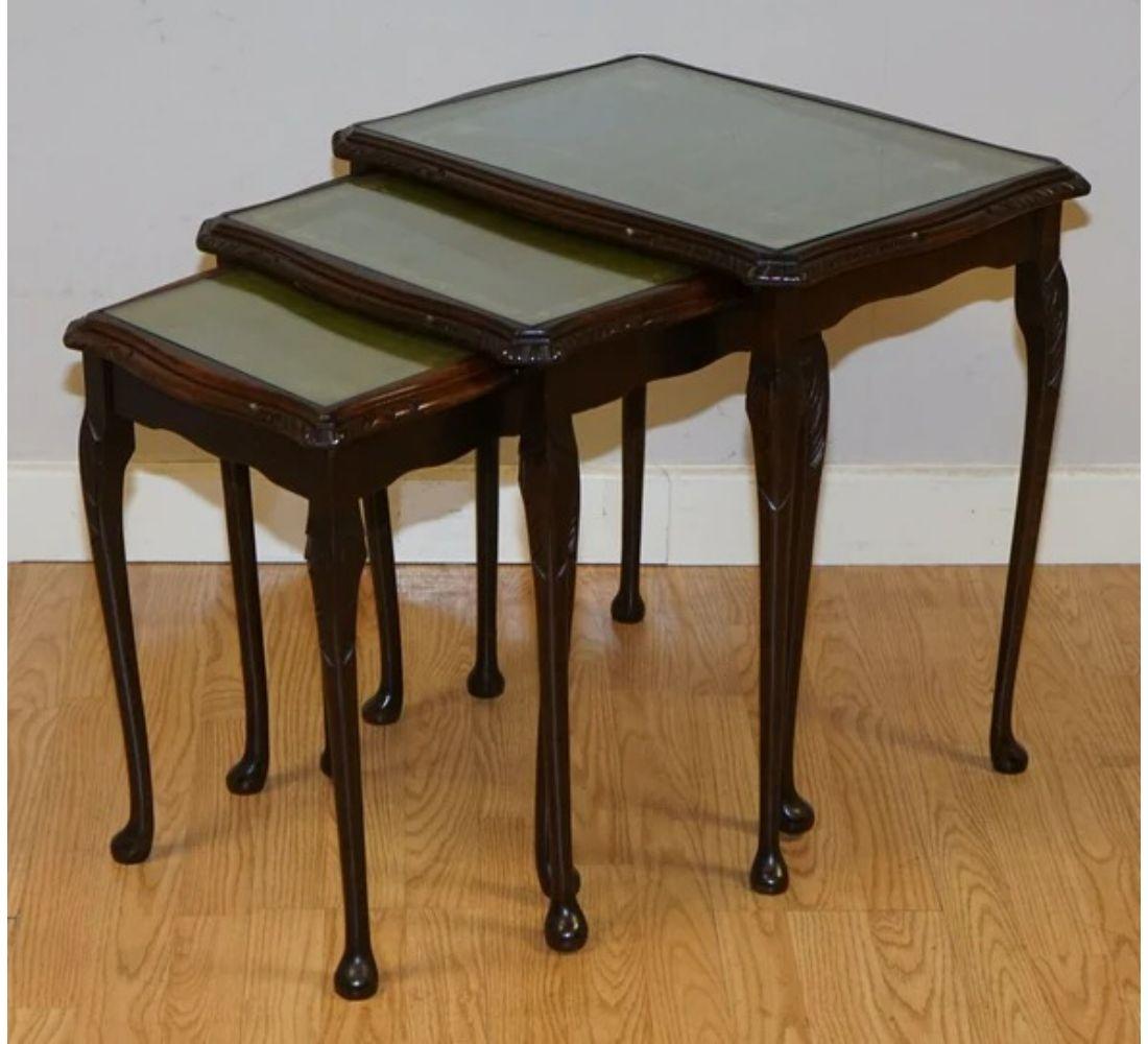 British Nest of Tables Queen Anne Style Legs with Green Embossed Leather Top For Sale