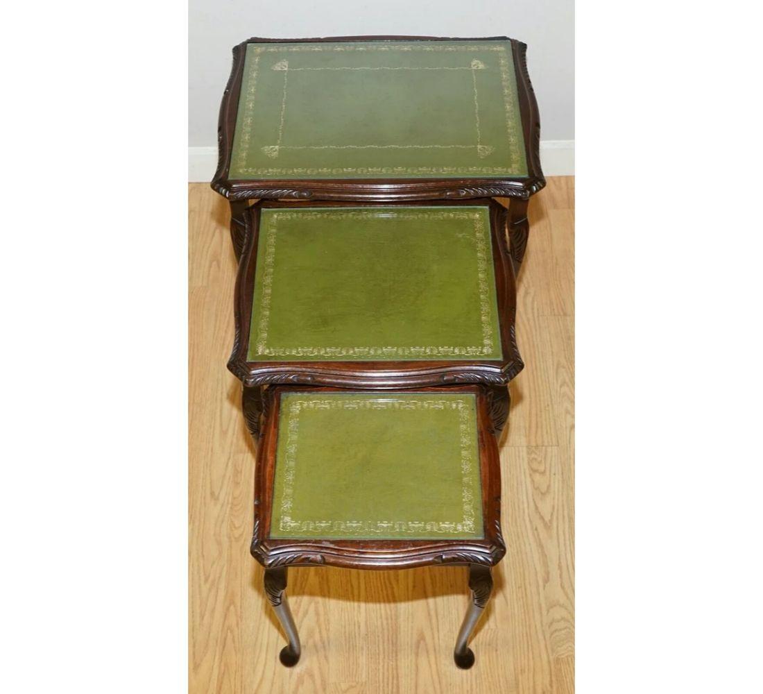 Hand-Crafted Nest of Tables Queen Anne Style Legs with Green Embossed Leather Top For Sale