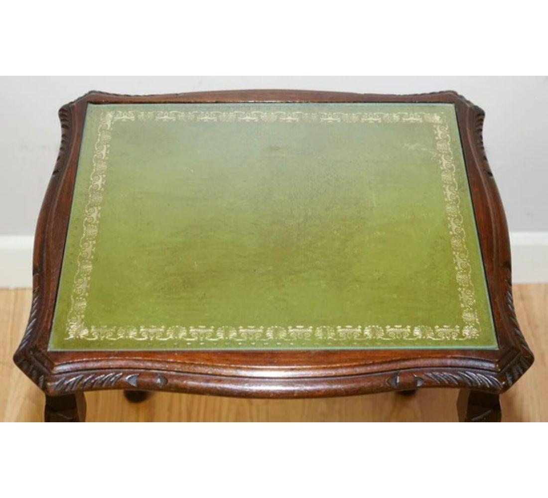 20th Century Nest of Tables Queen Anne Style Legs with Green Embossed Leather Top For Sale