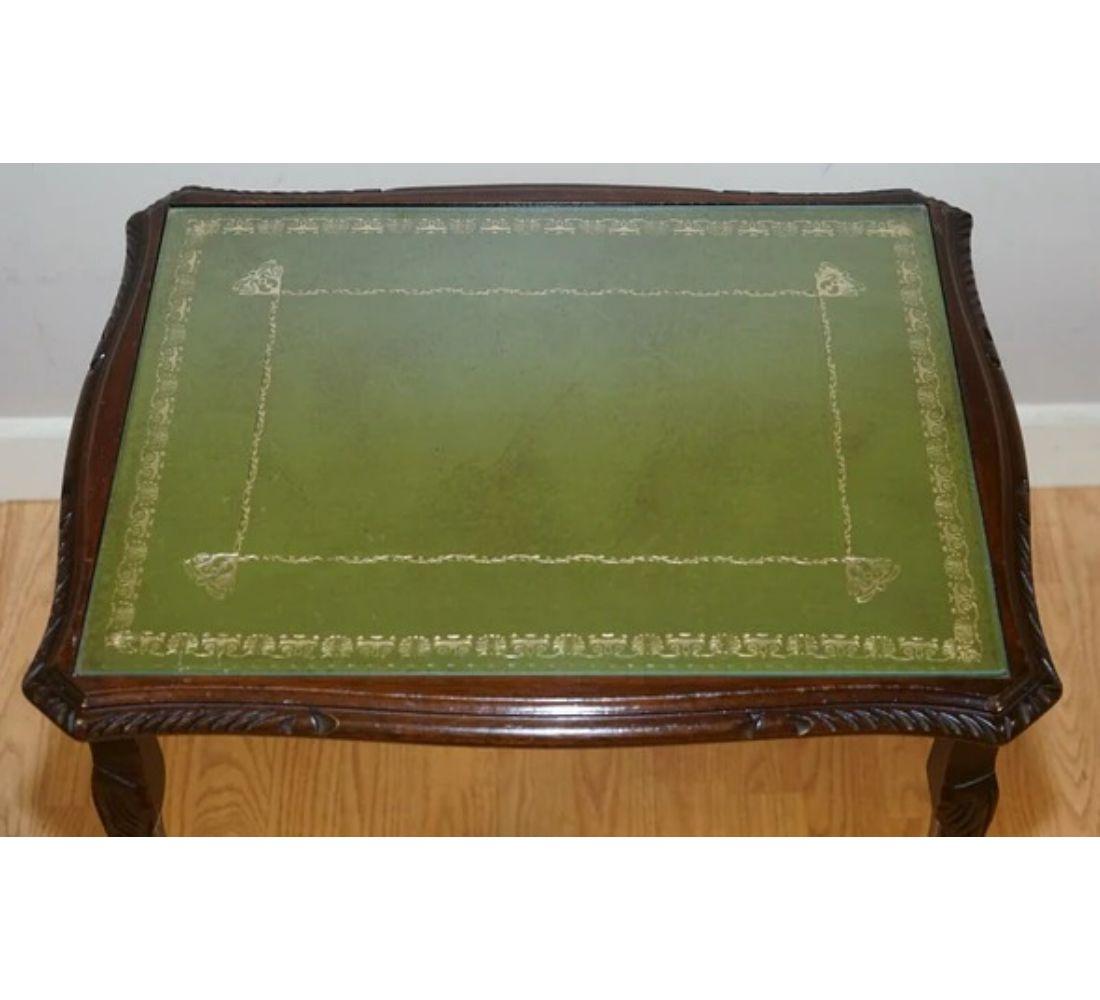Nest of Tables Queen Anne Style Legs with Green Embossed Leather Top For Sale 1
