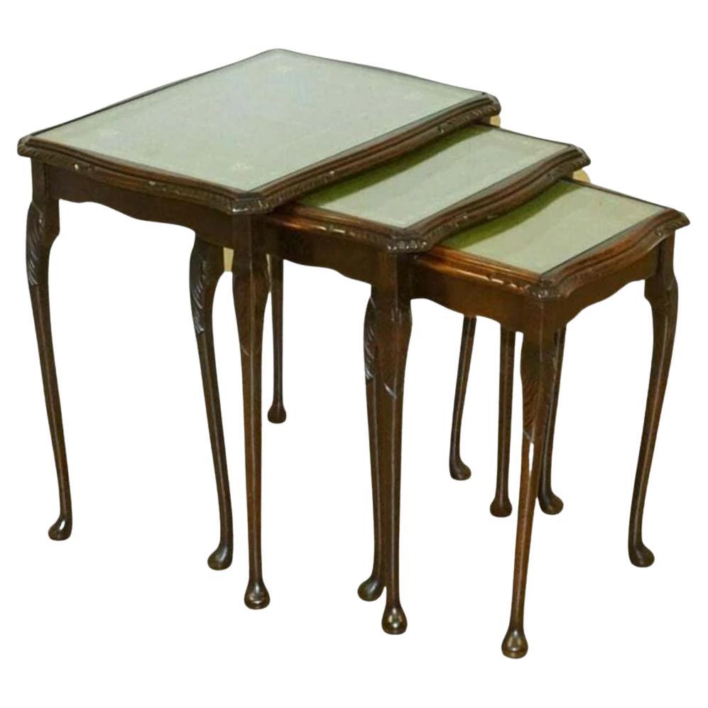 Nest of Tables Queen Anne Style Legs with Green Embossed Leather Top For Sale