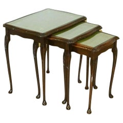 Used Nest of Tables Queen Anne Style Legs with Green Embossed Leather Top