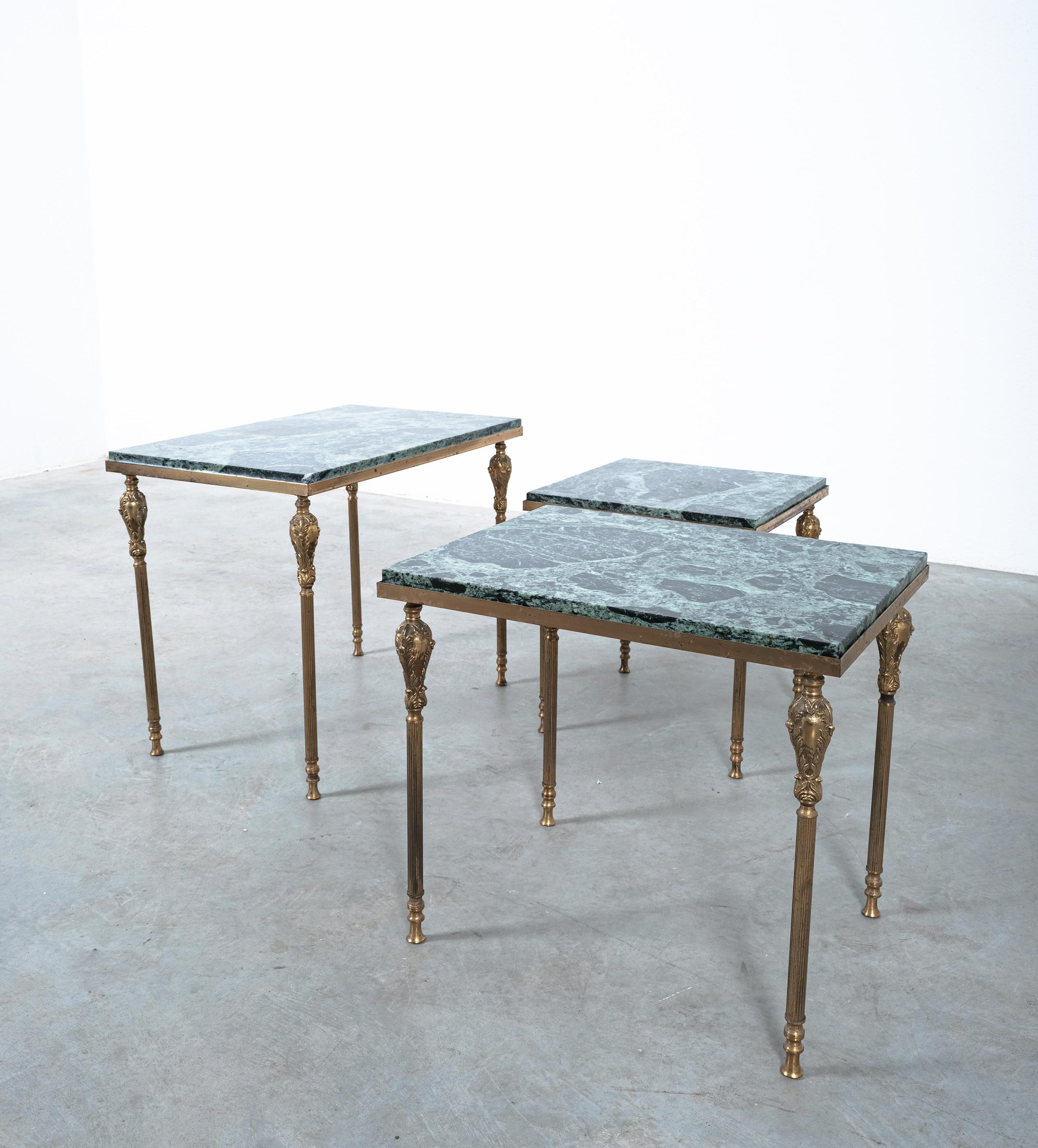French Nest of Tables with Green Marble Tops, France, circa 1940 For Sale