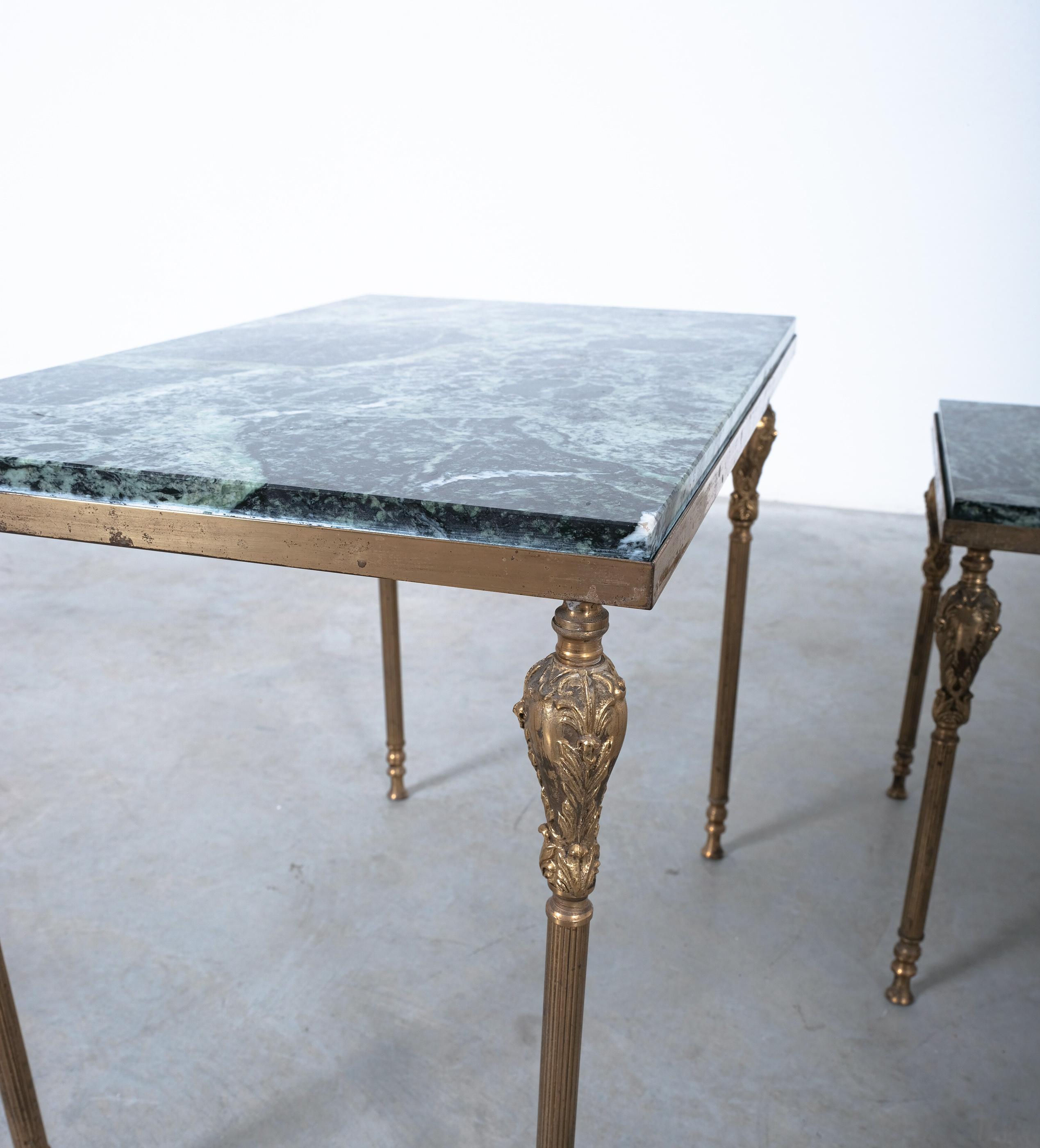 Mid-20th Century Nest of Tables with Green Marble Tops, France, circa 1940 For Sale