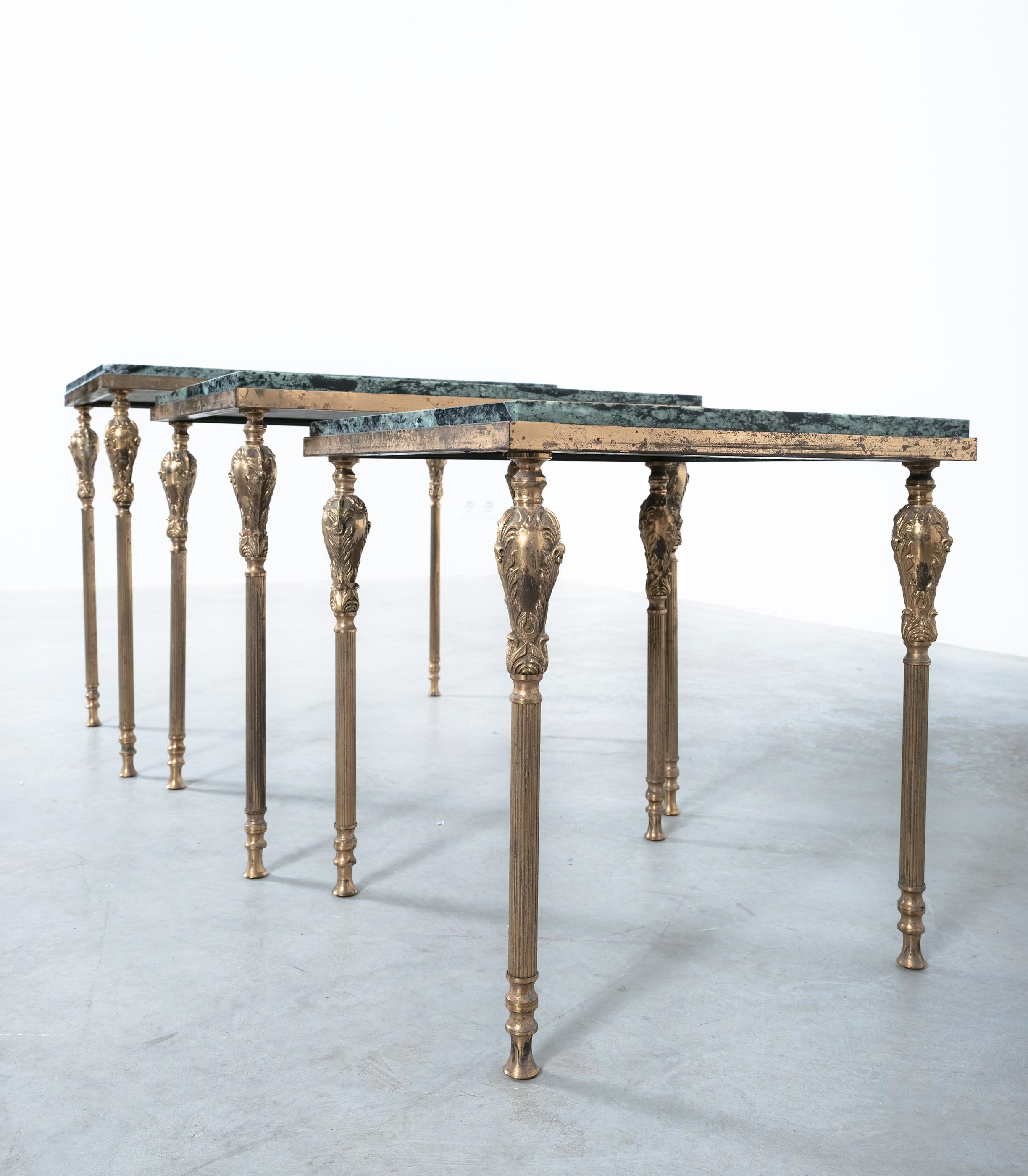 Nest of Tables with Green Marble Tops, France, circa 1940 For Sale 1