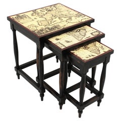 Set of Three Nesting Tables in Turned Wood with Map Top, France, 1940s