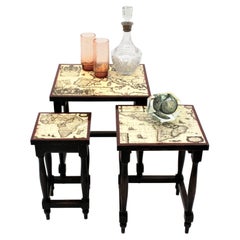 Set of Three Nesting Tables in Turned Wood with Map Top, France, 1940s