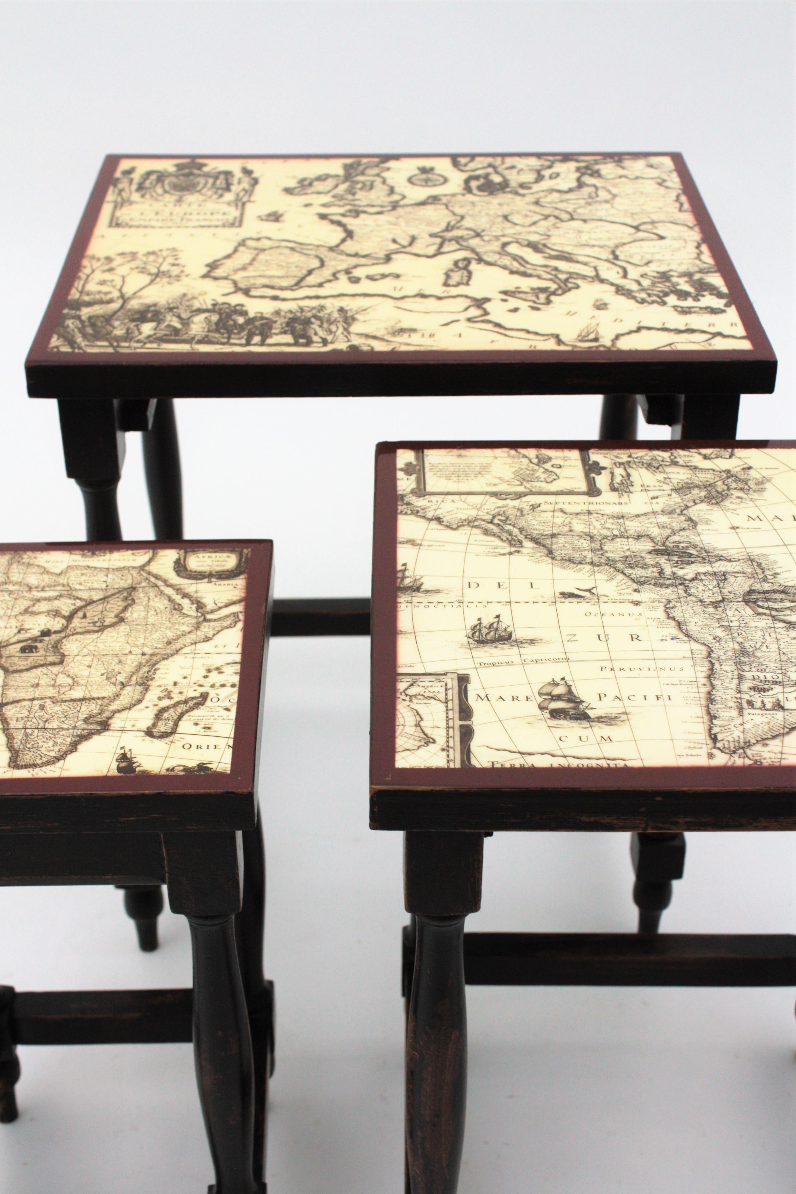 Mid-Century Modern French Nesting Tables in Wood with Maps Tops, 1940s For Sale
