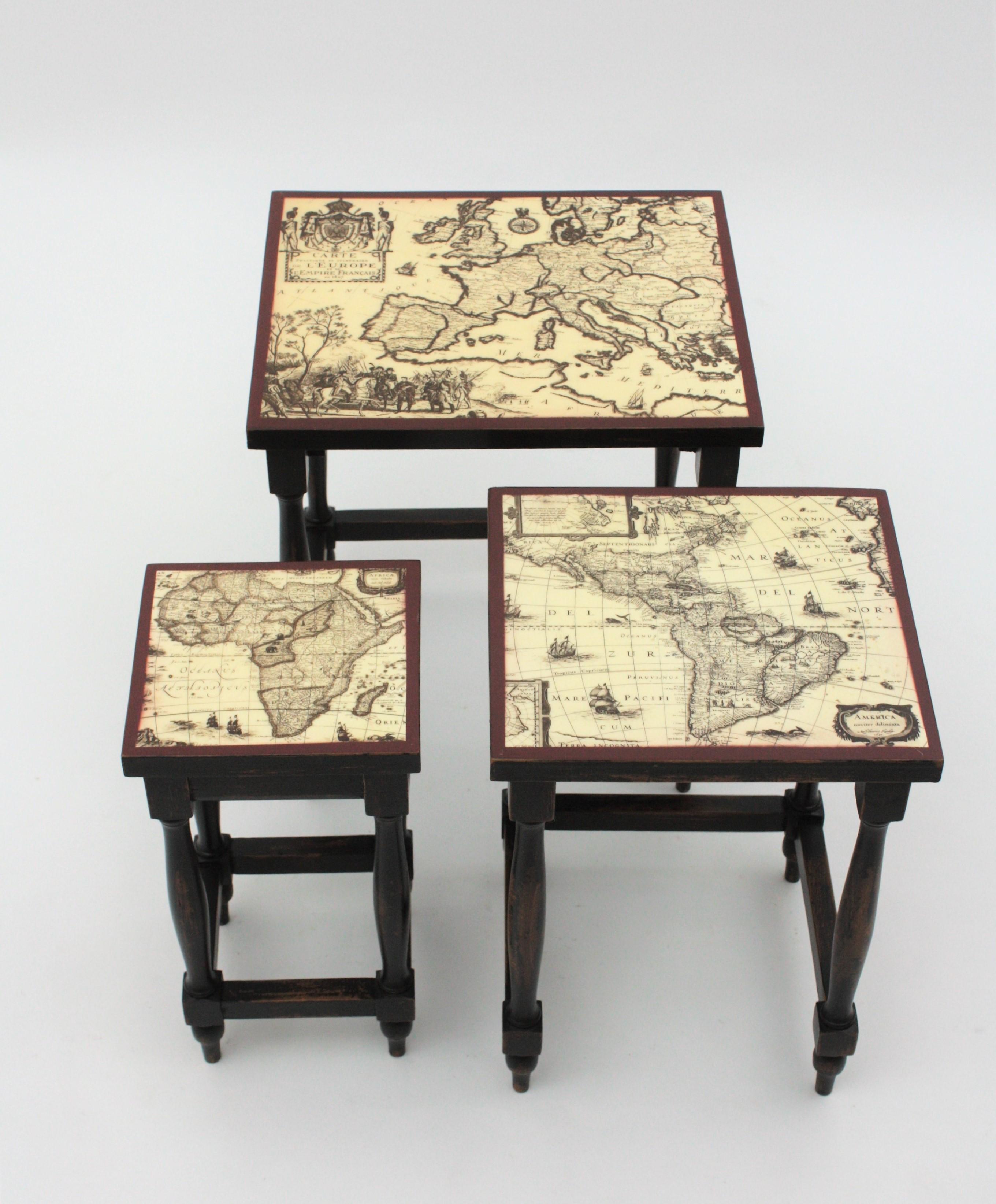 20th Century French Nesting Tables in Wood with Maps Tops, 1940s For Sale