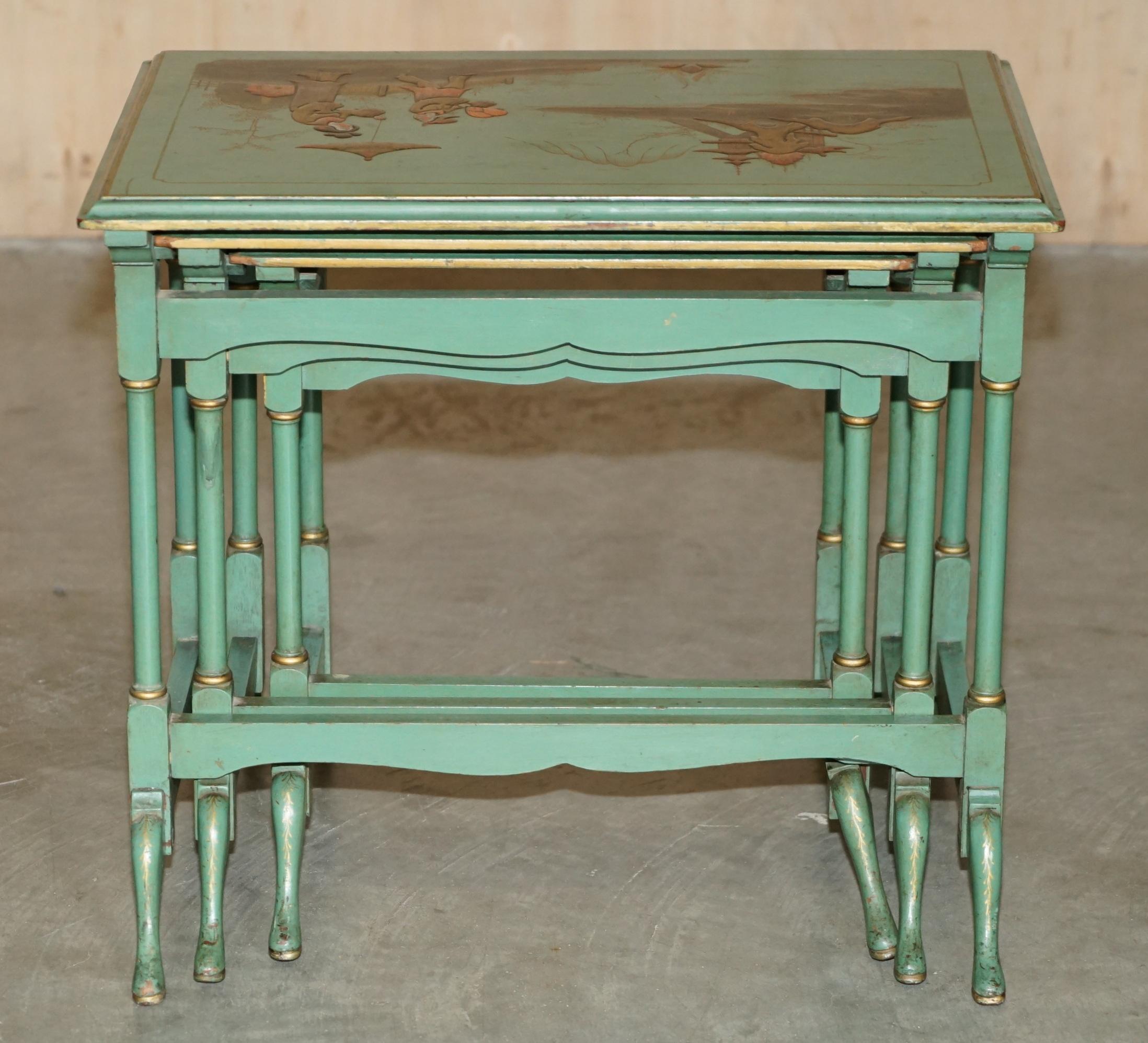 NEST OF THREE ANTIQUE CIRCA 1920 CHINESE CHINOISERIE SiDE TABLES HAND PAINTED For Sale 3