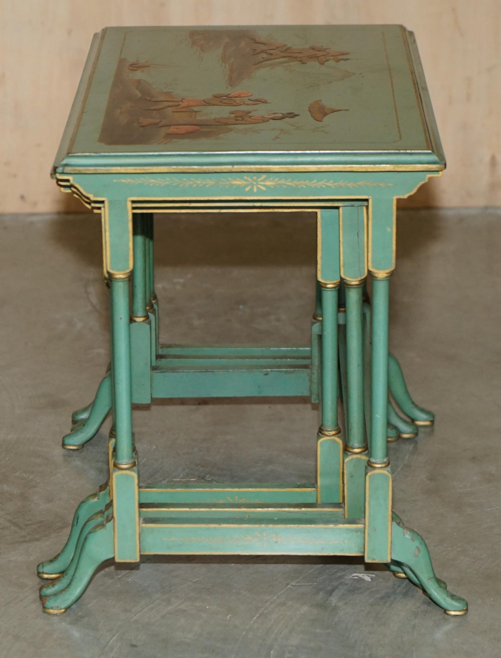 NEST OF THREE ANTIQUE CIRCA 1920 CHINESE CHINOISERIE SiDE TABLES HAND PAINTED For Sale 5