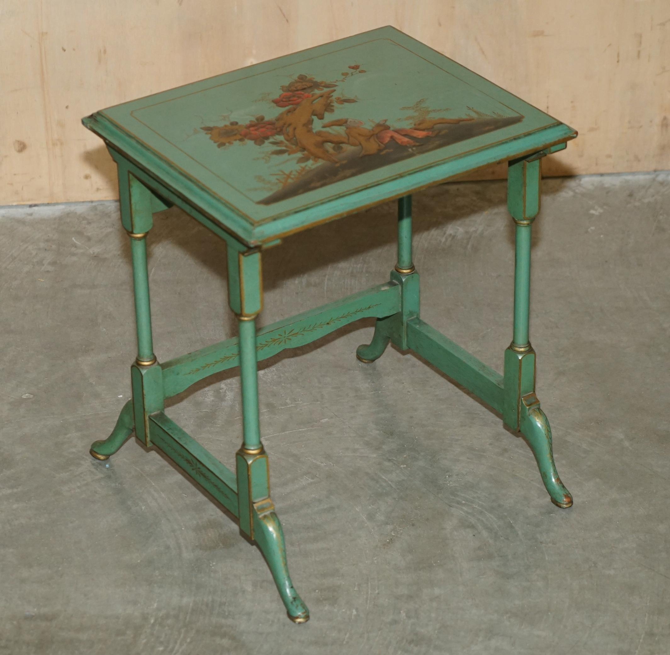 NEST OF THREE ANTIQUE CIRCA 1920 CHINESE CHINOISERIE SiDE TABLES HAND PAINTED For Sale 10