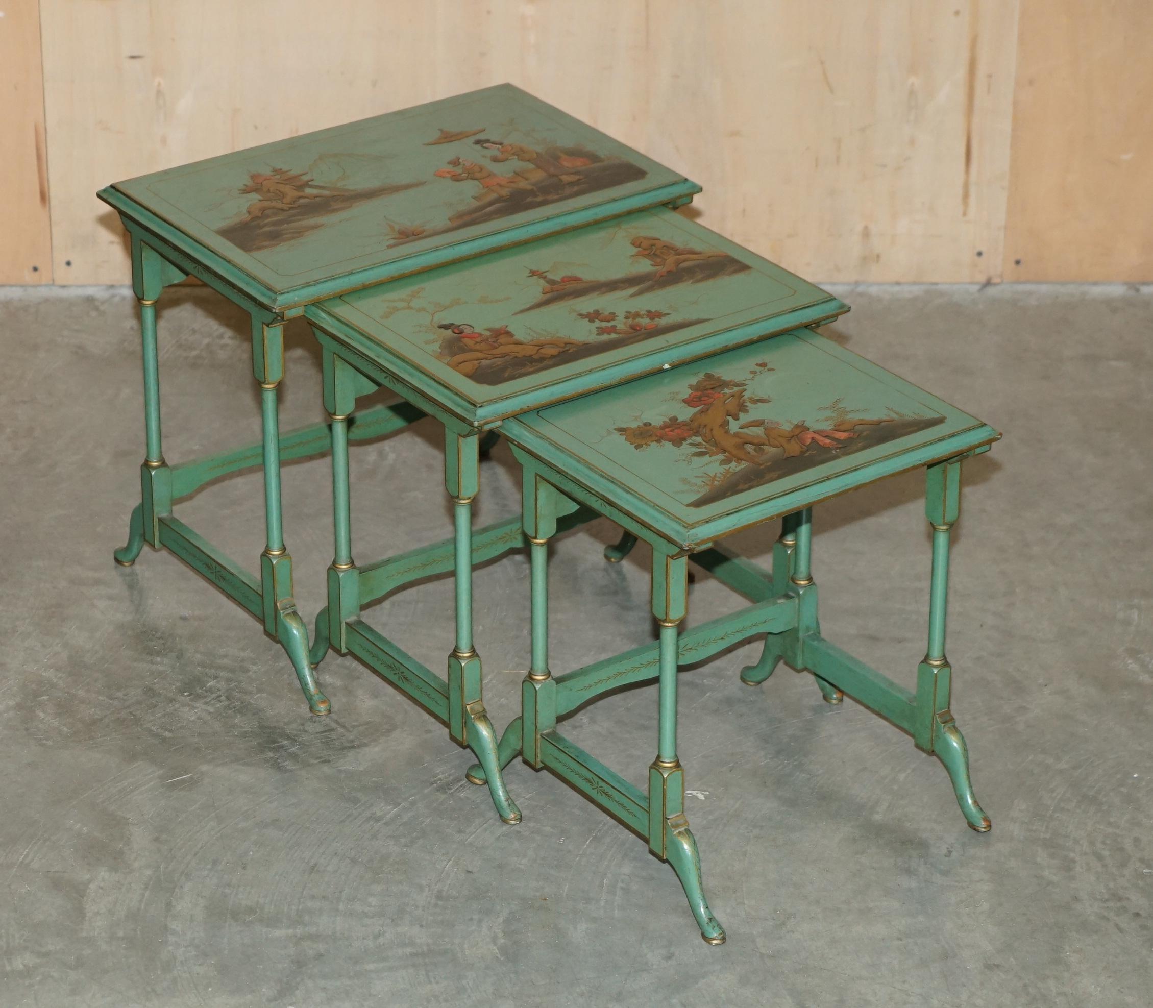 Royal House Antiques

Royal House Antiques is delighted to offer for sale this lovely nest of three original Chinese Chinoiserie green lacquered and hand painted nested tables

Please note the delivery fee listed is just a guide, it covers within