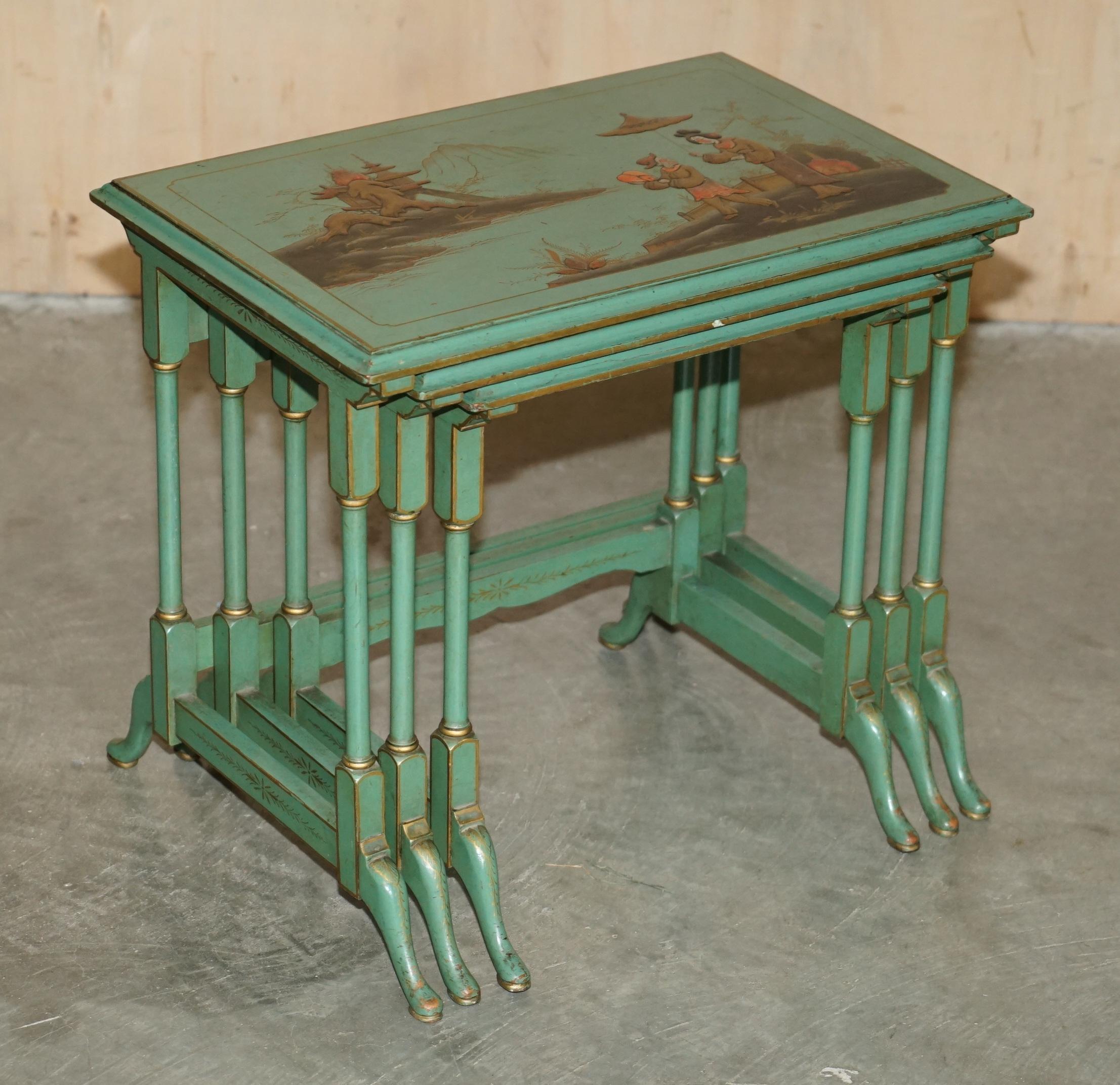 Chinese NEST OF THREE ANTIQUE CIRCA 1920 CHINESE CHINOISERIE SiDE TABLES HAND PAINTED For Sale