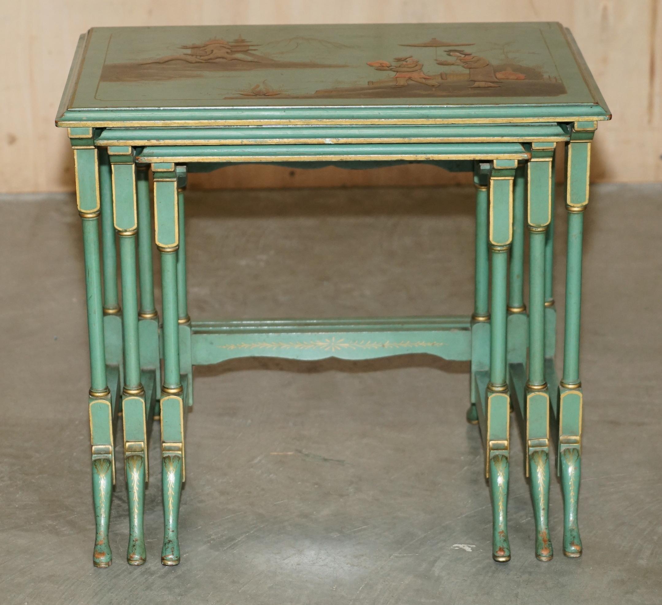 Hand-Crafted NEST OF THREE ANTIQUE CIRCA 1920 CHINESE CHINOISERIE SiDE TABLES HAND PAINTED For Sale