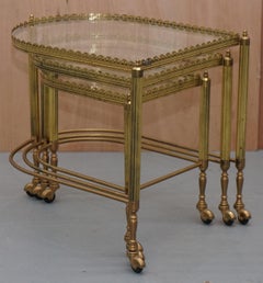 Nest of Three Brass & Glass Trolley Tables by Maison Bagues France, Midcentury