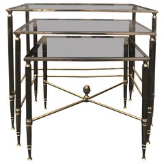 Nest of Three French Brass Tables with Smokey Glass Attributed to Maison Baguès