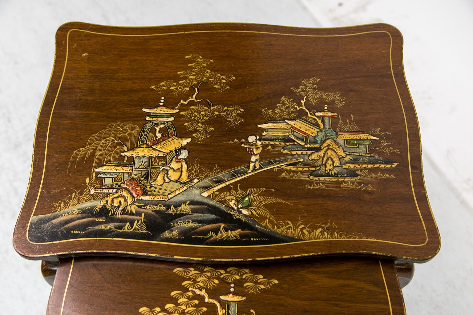 Wood Nest of Three Chinoiserie Tables For Sale