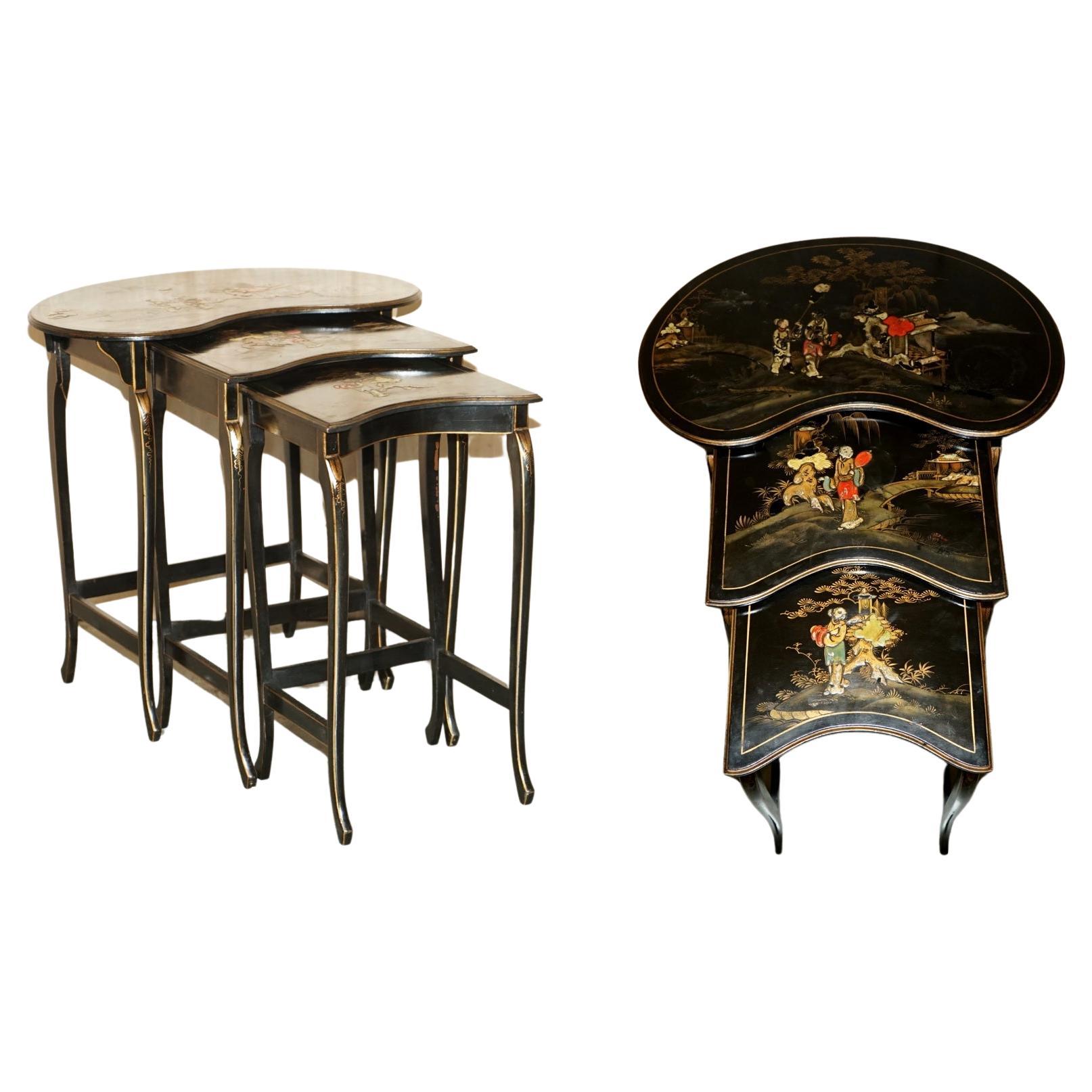 Nest of Three circa 1900 Chinese Chinoiserie Lacqurered Side Kidney Tables For Sale