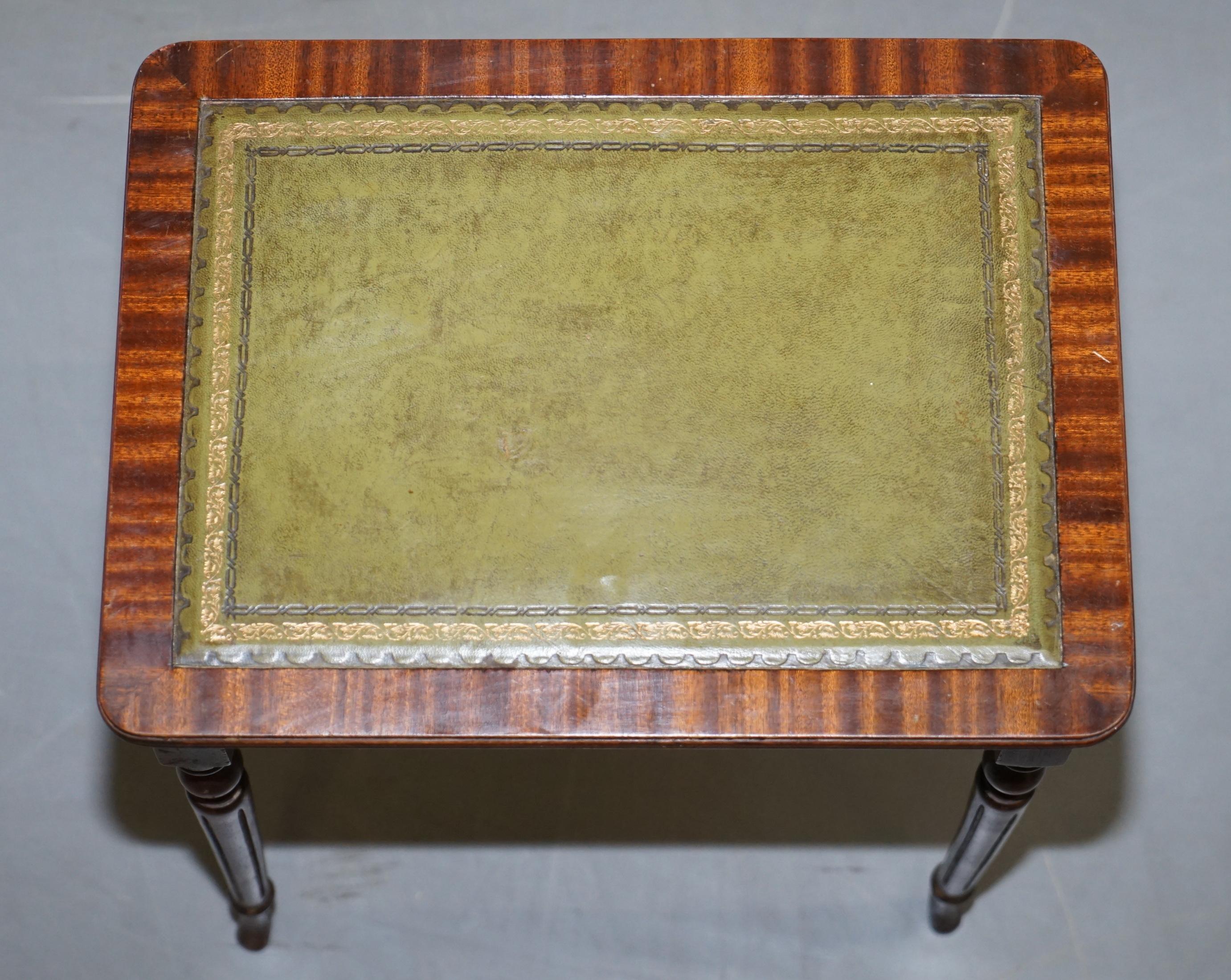 Nest of Three Flamed Mahogany Green Leather Top & Gold Leaf Embossed Side Tables 2