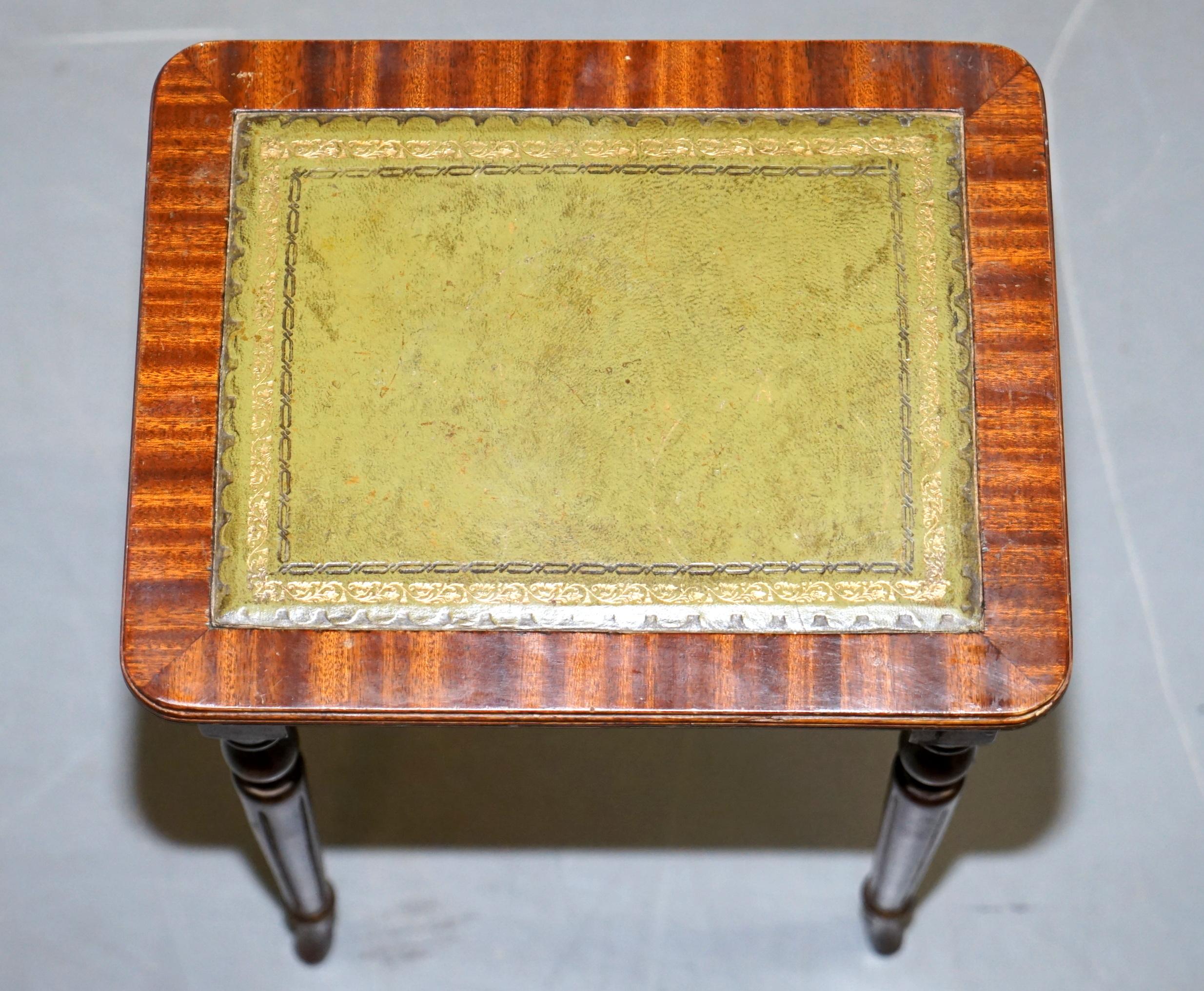 Nest of Three Flamed Mahogany Green Leather Top & Gold Leaf Embossed Side Tables 7