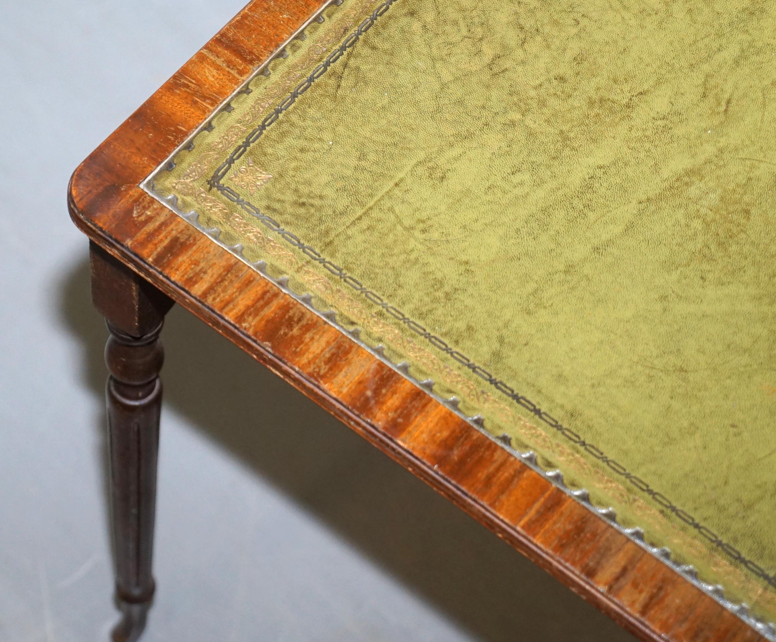 Modern Nest of Three Flamed Mahogany Green Leather Top & Gold Leaf Embossed Side Tables