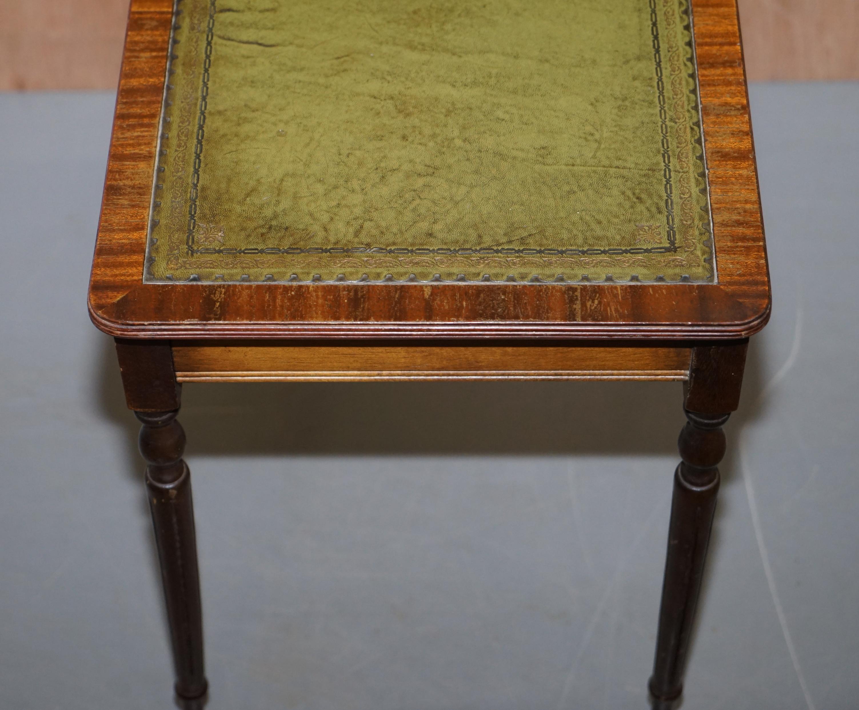 20th Century Nest of Three Flamed Mahogany Green Leather Top & Gold Leaf Embossed Side Tables