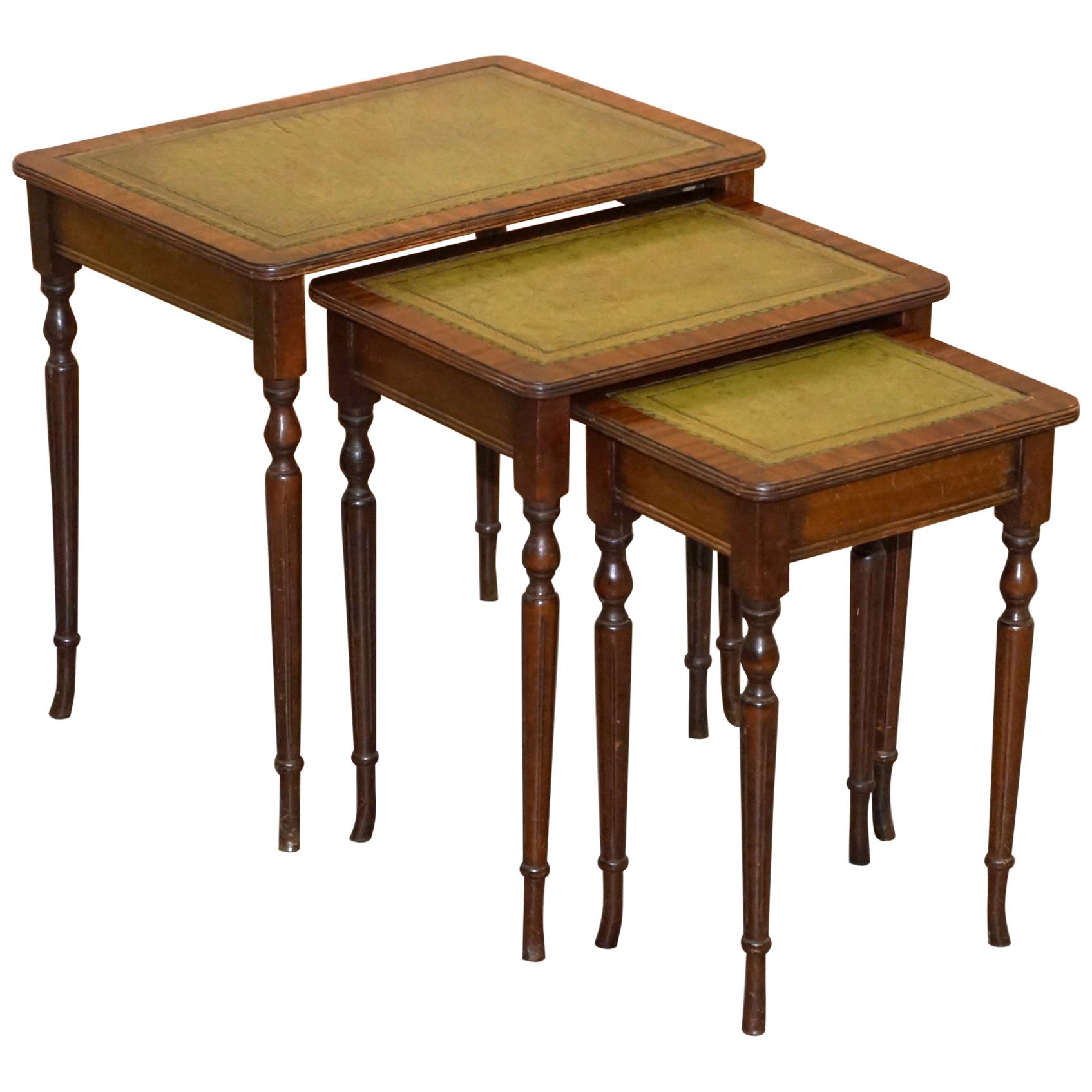 Nest of Three Flamed Mahogany Green Leather Top & Gold Leaf Embossed Side Tables