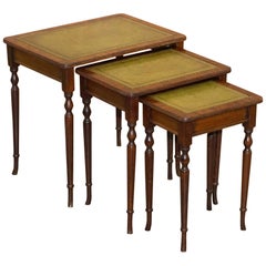 Vintage Nest of Three Flamed Mahogany Green Leather Top & Gold Leaf Embossed Side Tables