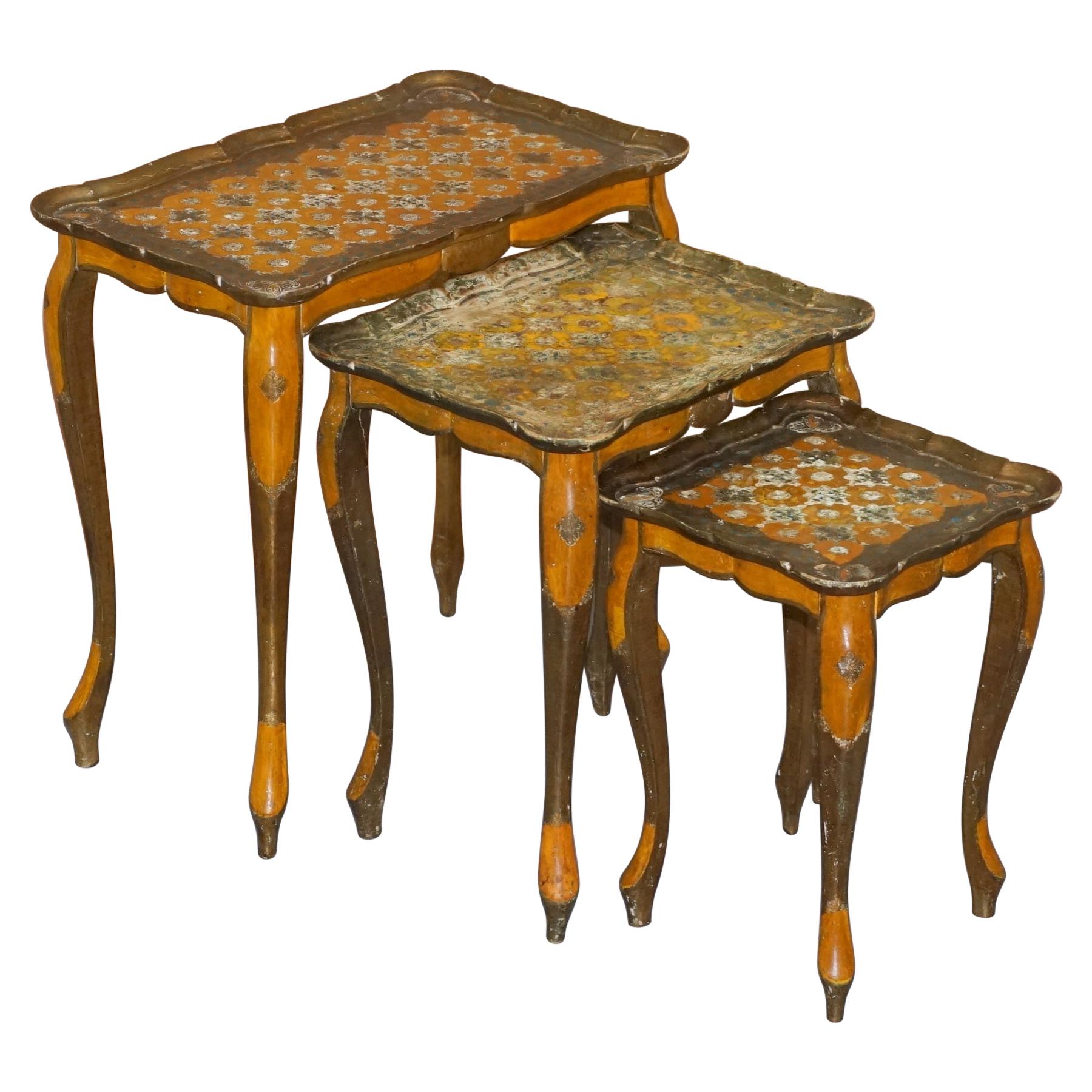 Nest of Three G Serraglini Firenze Tables Made in Italy Hand Painted Distressed For Sale