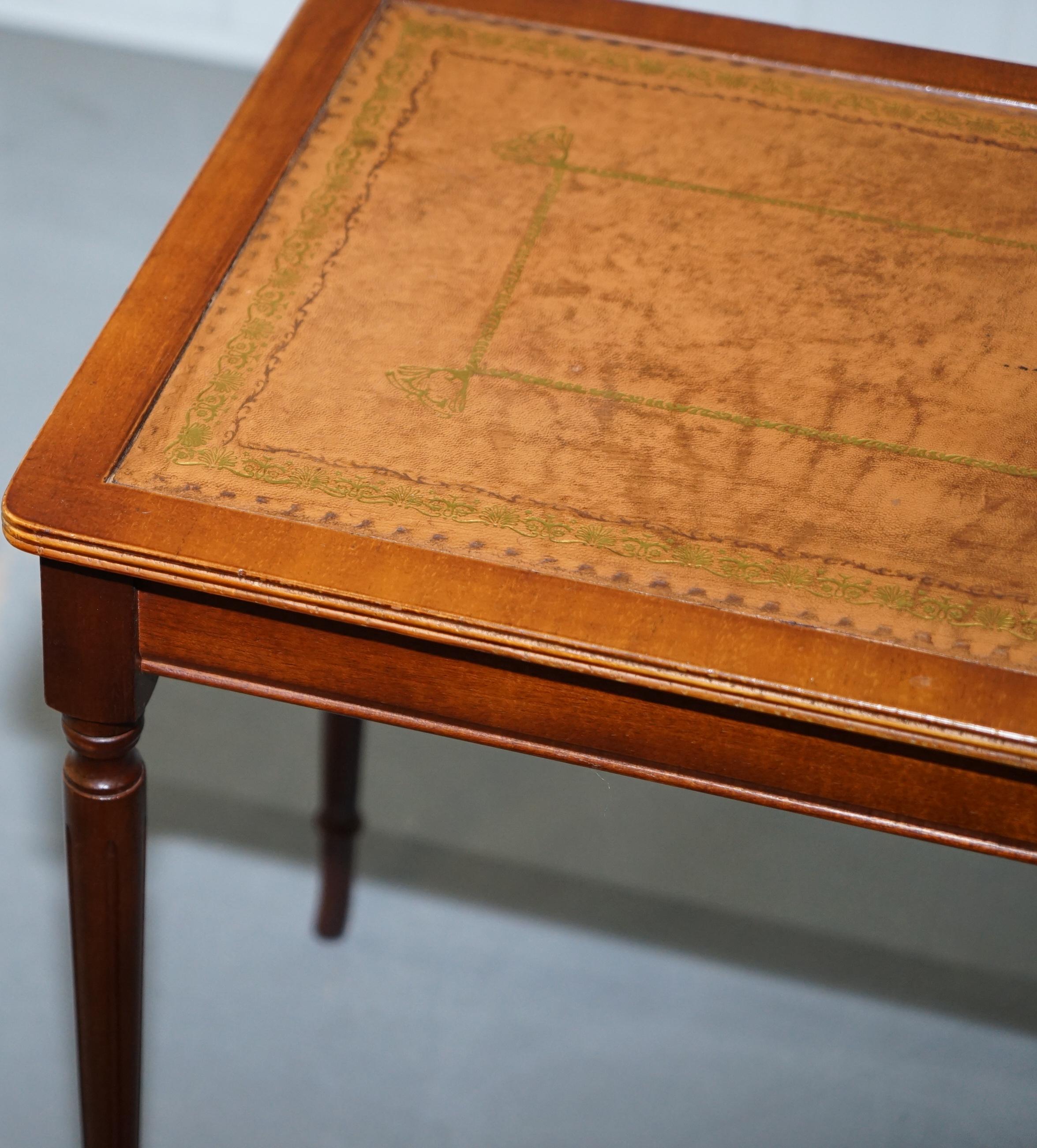 Nest of Three Mahogany with Brown Leather Top and Gold Leaf Embossed Side Tables 2