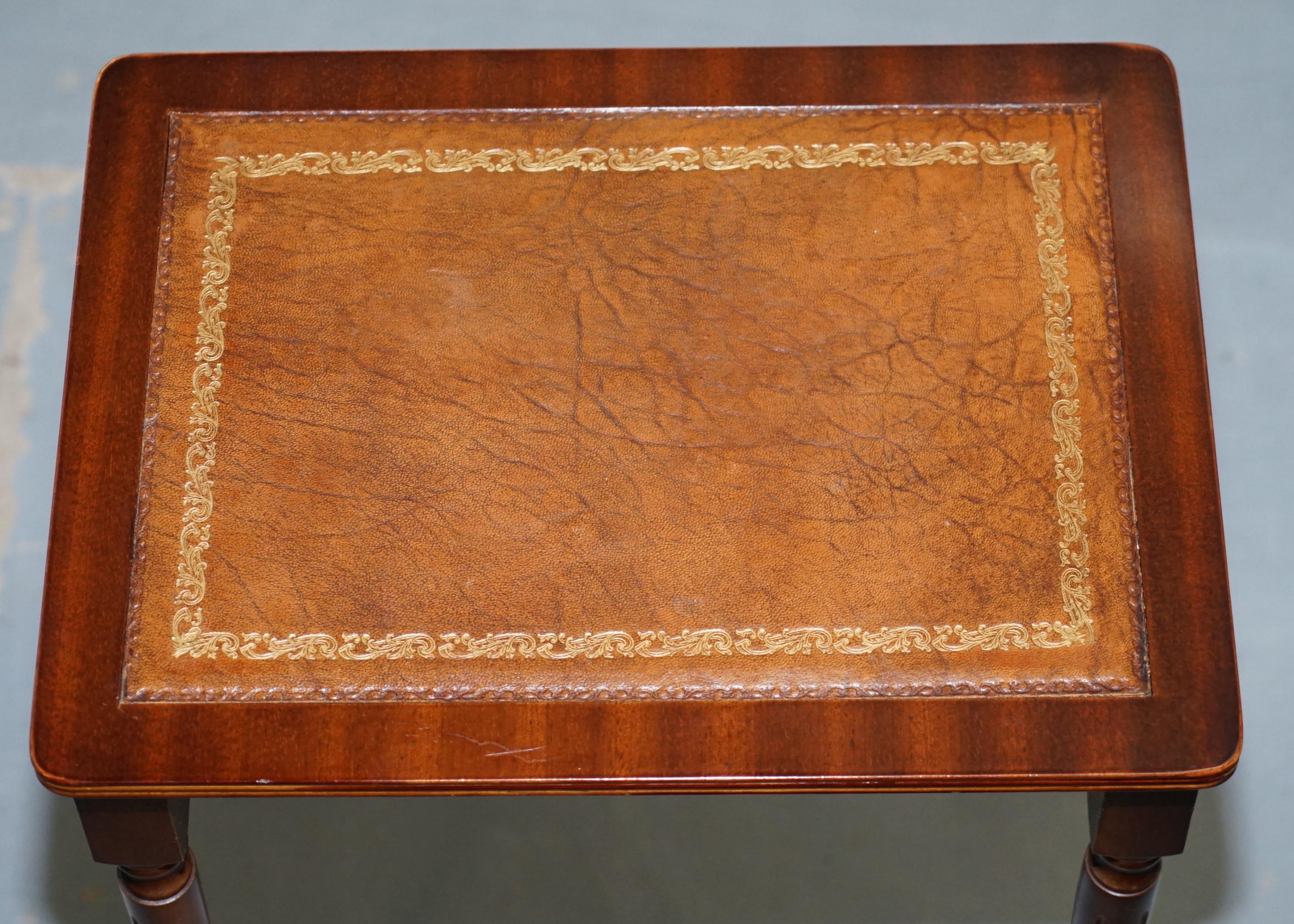 Nest of Three Mahogany with Brown Leather Top and Gold Leaf Embossed Side Tables 6