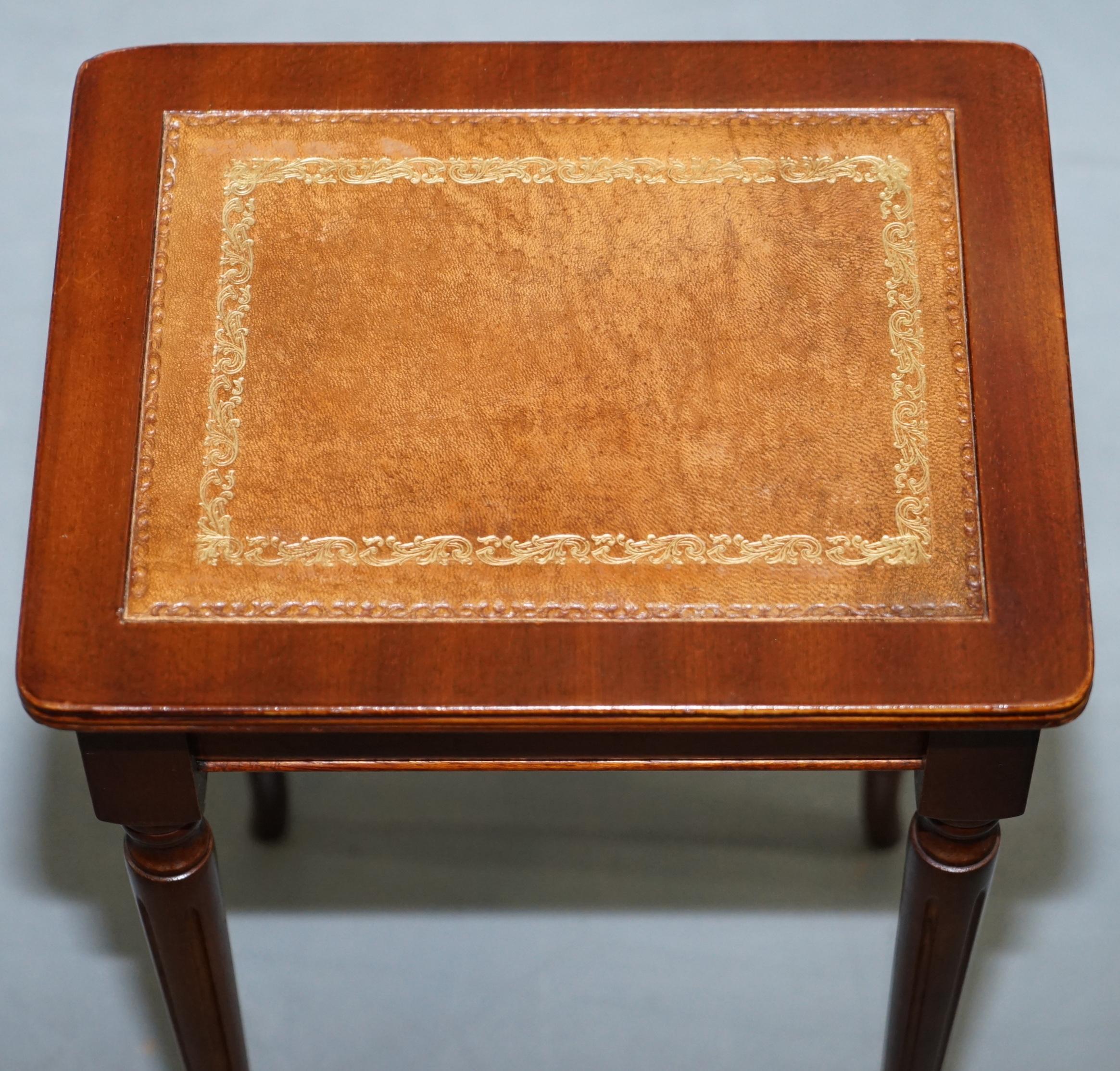Nest of Three Mahogany with Brown Leather Top and Gold Leaf Embossed Side Tables 9