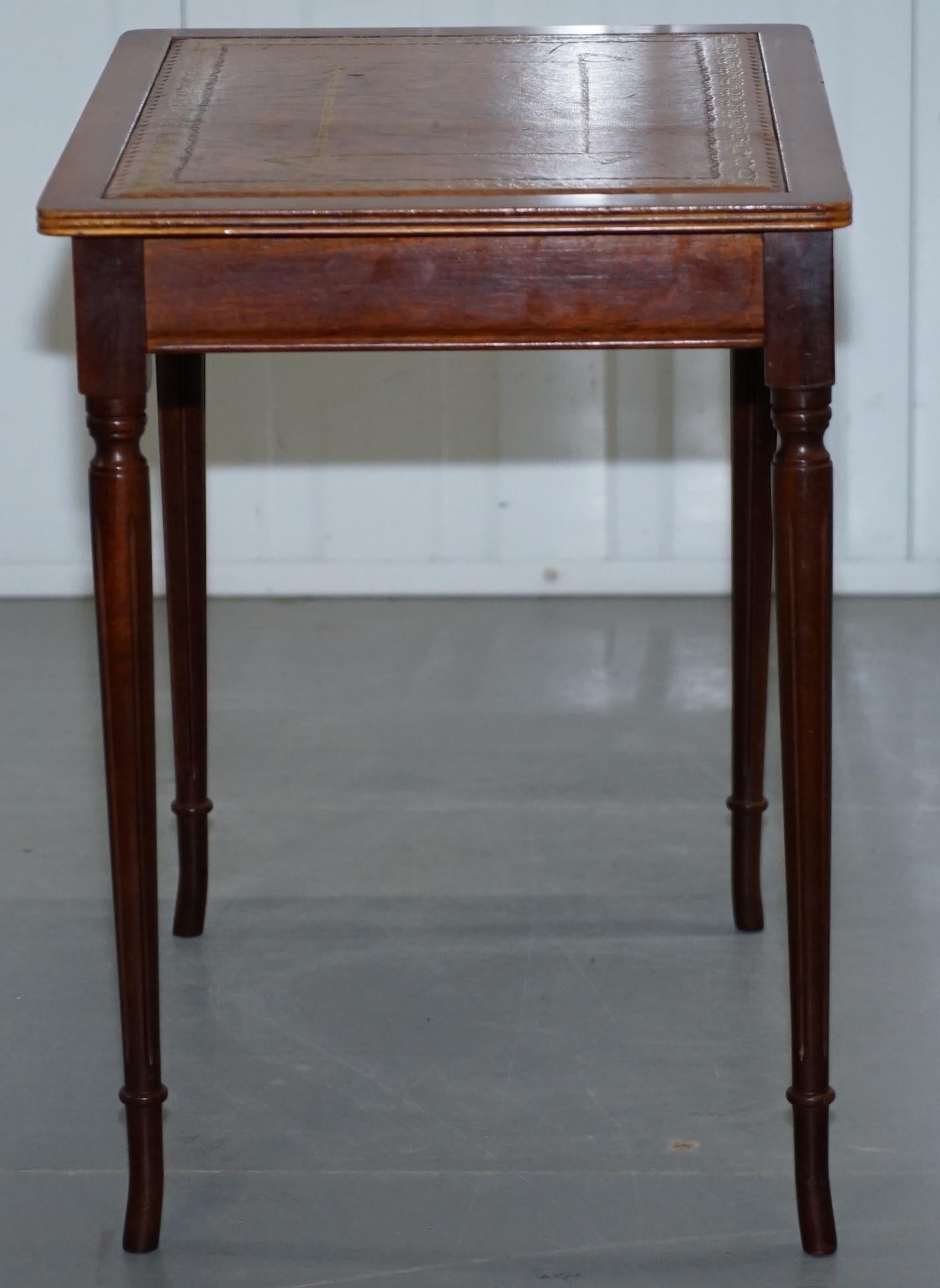 20th Century Nest of Three Mahogany with Brown Leather Top and Gold Leaf Embossed Side Tables
