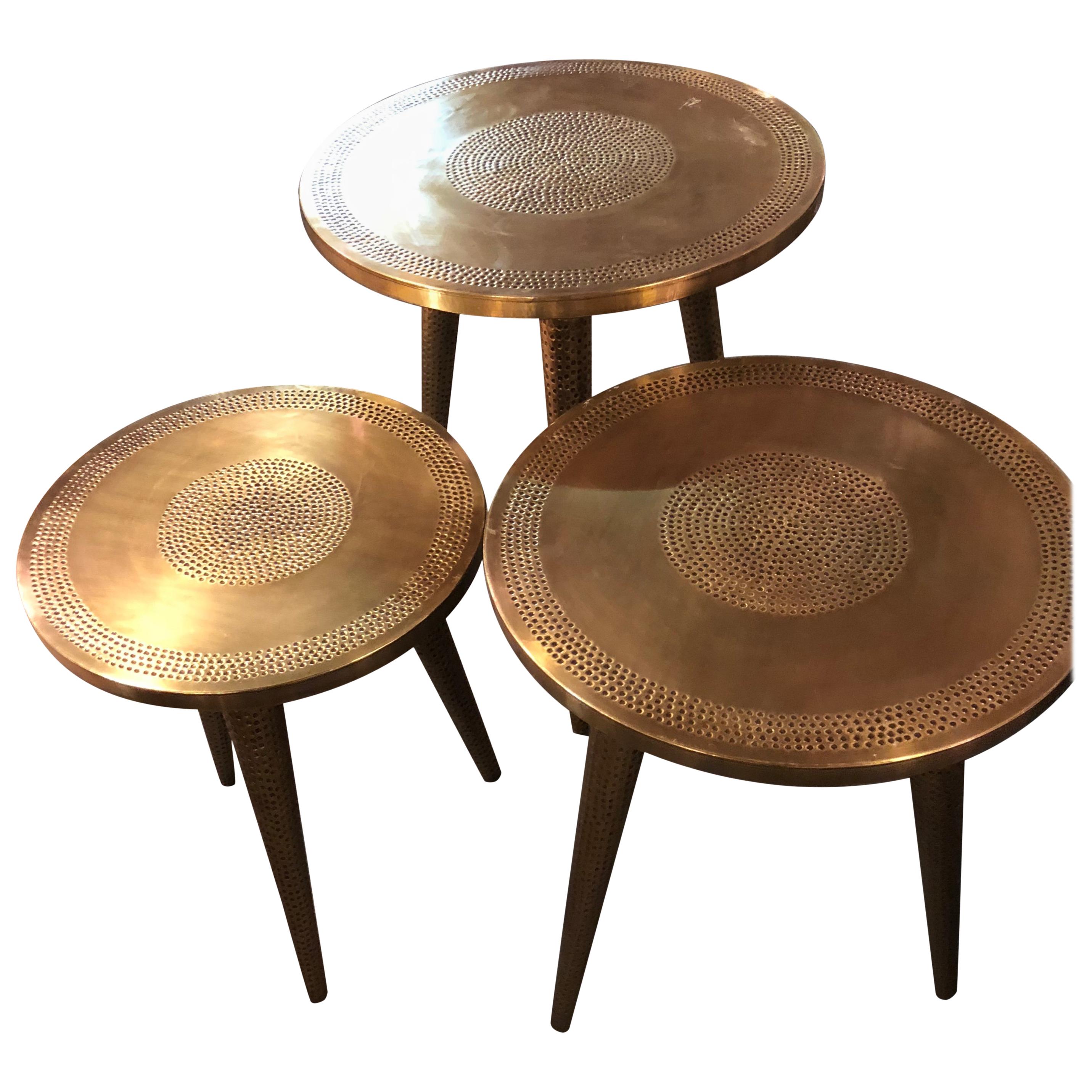 Nest of Three Mid-Century Modern Style Brass Decorative End or Nest of Tables