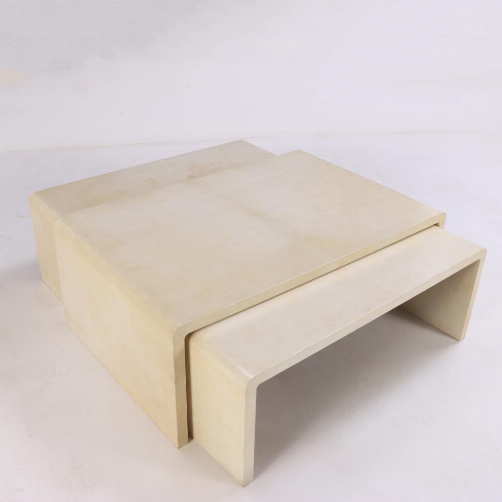 Wood Nest of three Parchment Tables in the manner of Jean Michel Frank. Contemporary