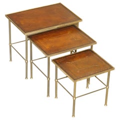 Nest of Three Regency Style Brass Tables with Hand Dyed Brown Leather Tops