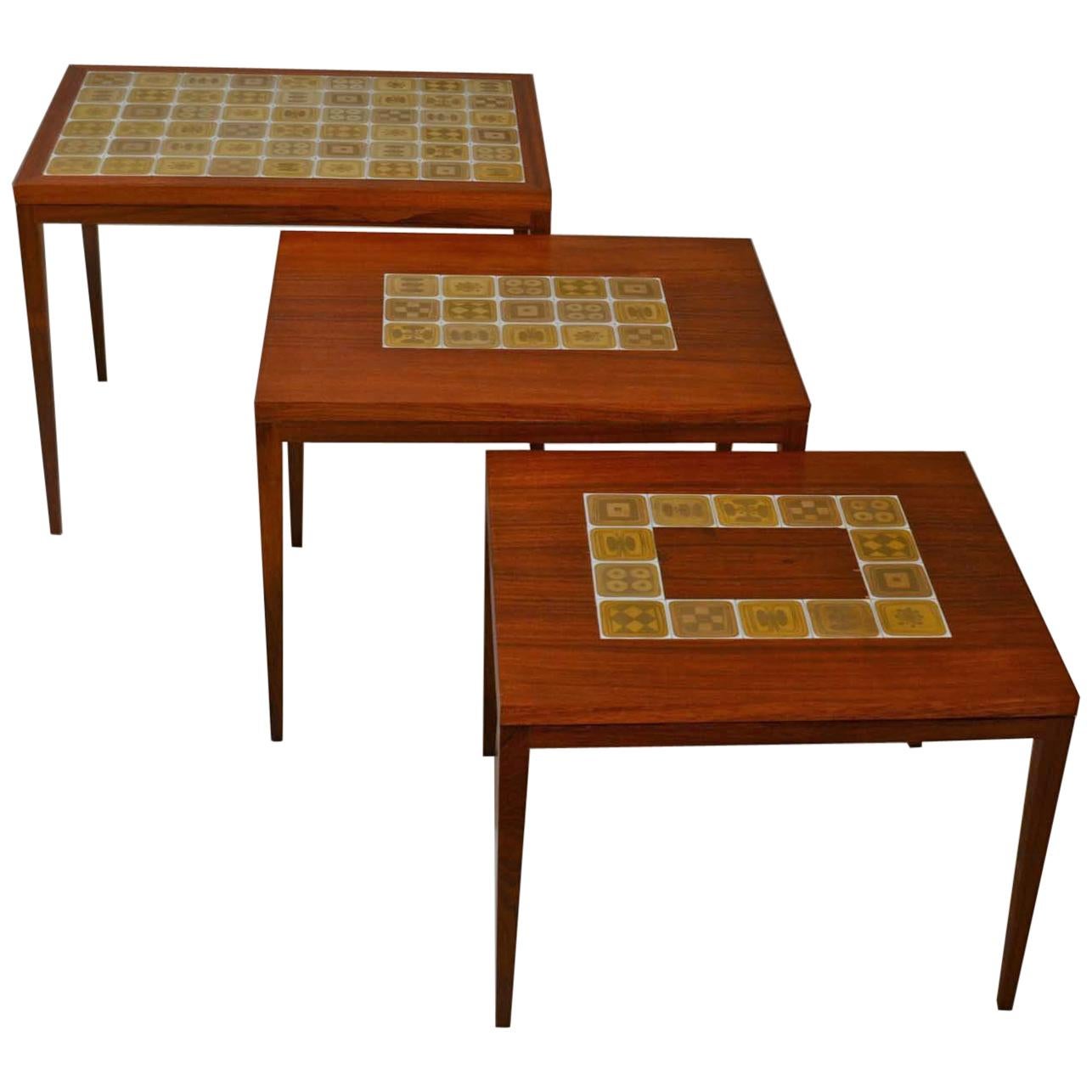 Nest of Three Tables, Palisander and Gold Glazed Porcelain Tiles by Rosenthal