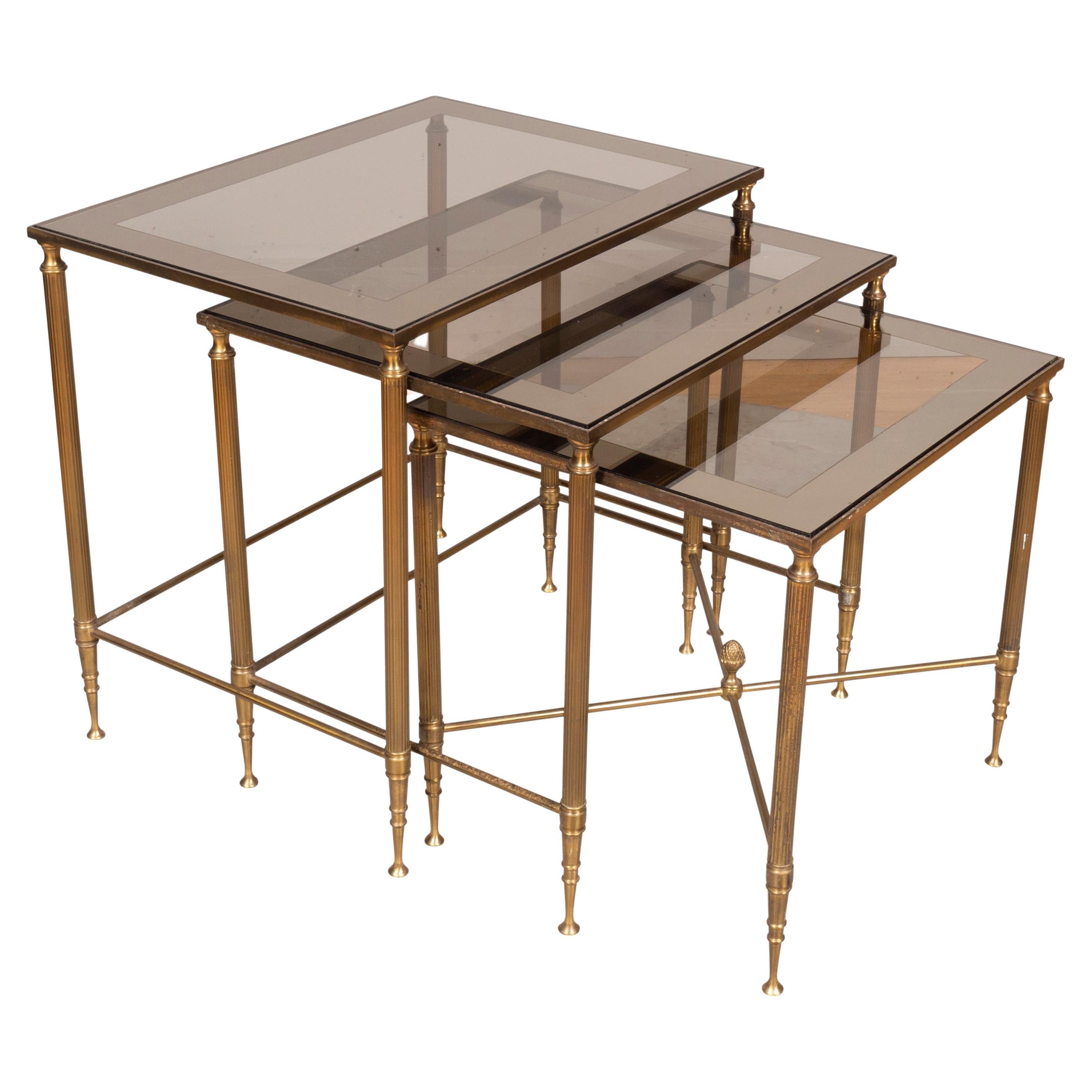 Nest of Three Vintage Brass Tables For Sale
