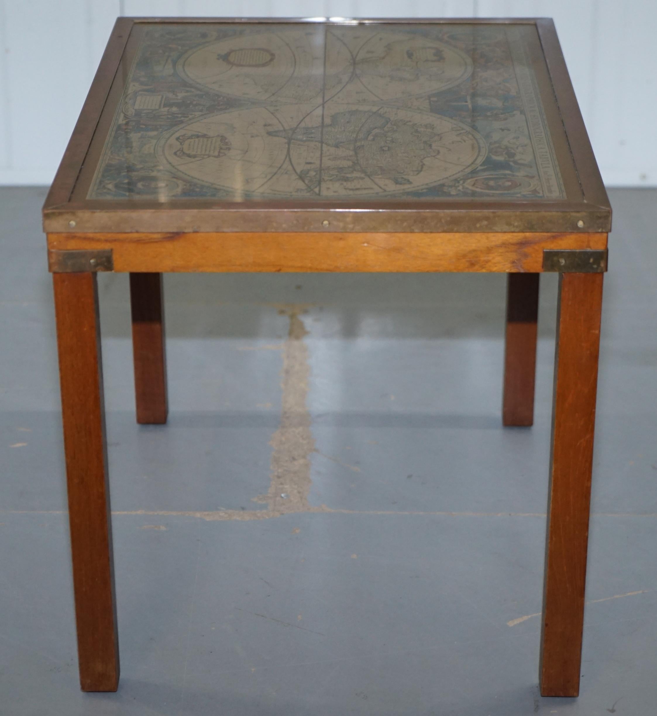 Nest of Three Vintage Campaign Tables with Global Maps Design Brass Corners 2