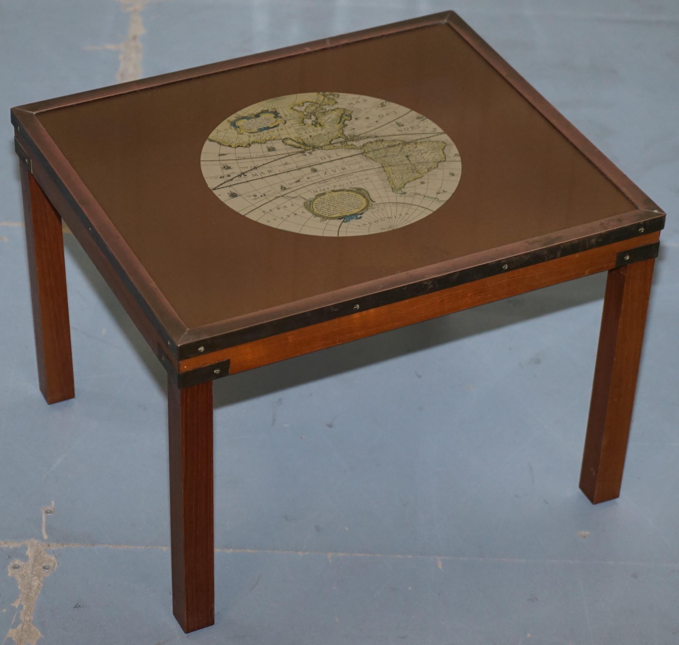 Nest of Three Vintage Campaign Tables with Global Maps Design Brass Corners 3